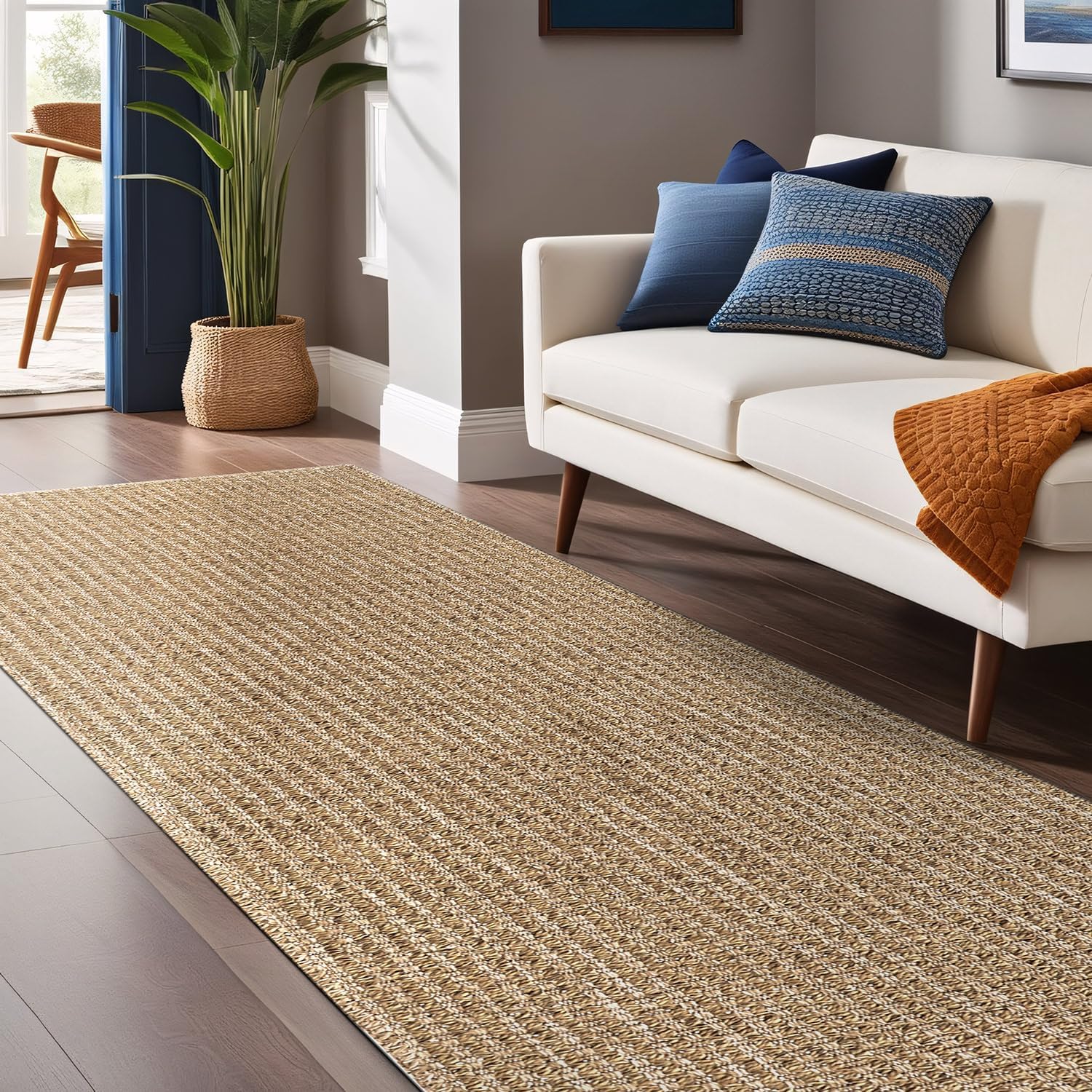 Luul Home Easy Jute Rugs 2x7 Natural Color Living Room Indoor Outdoor Runner Rug for Farmhouse Patio and Kitchen Rug High Traffic Washable Easy to Clean Solid Boho Woven Design Outside Carpet (2 x 7)