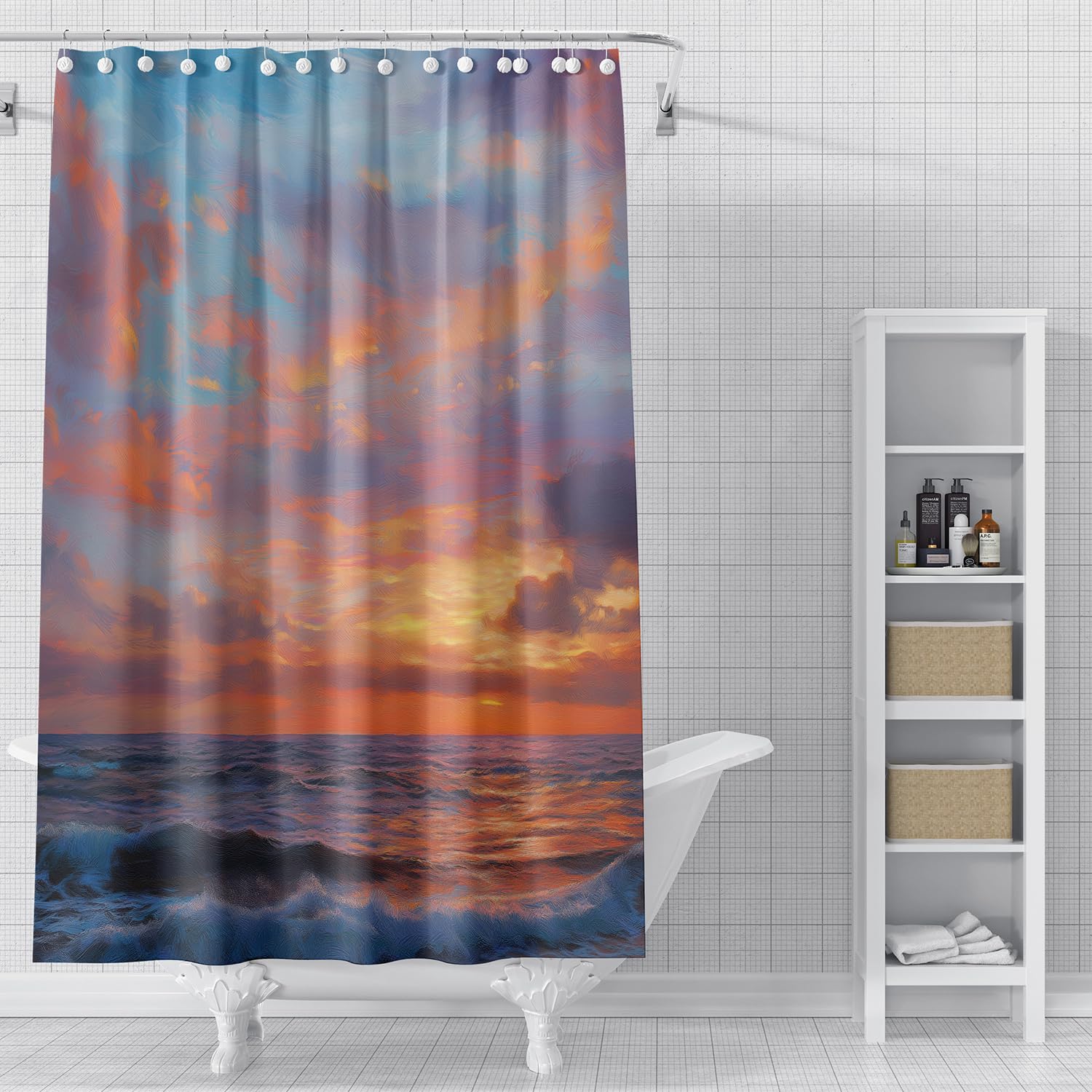 Cortina de Ducha con Diseño de Olas del Océano Bajo Un Cielo Azul y Naranja,Duradera y Lavable a Máquina para Baño de Hotel,200Anx200Alcm (1 Panel).