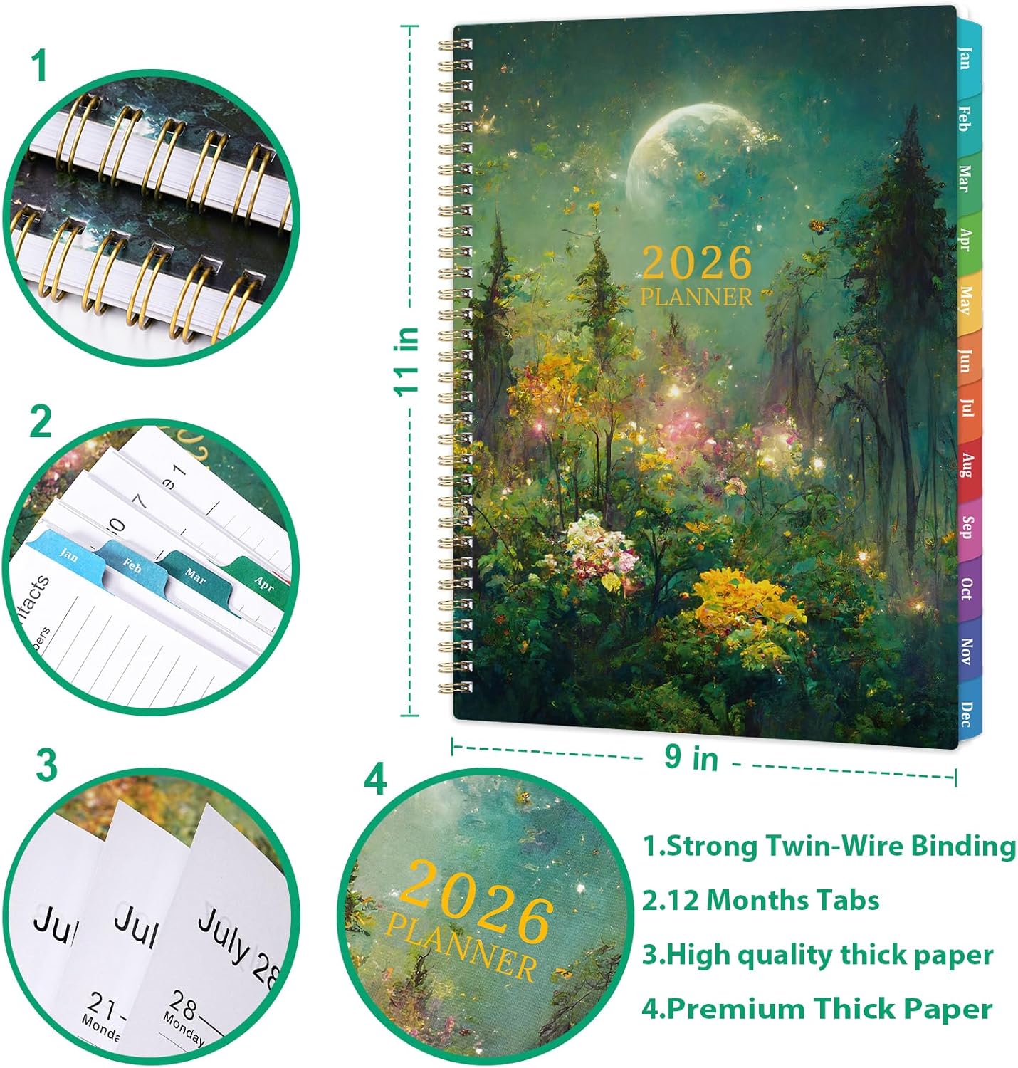 2026 Planner - 2026 Planner Weekly and Monthly, 9" x 11", Jan.2026 - Dec.2026, Planner 2026 Weekly and Monthly with Colorful Tabs, Strong Twin-wire, Back Pocket - Dreaming Moon - Image 3