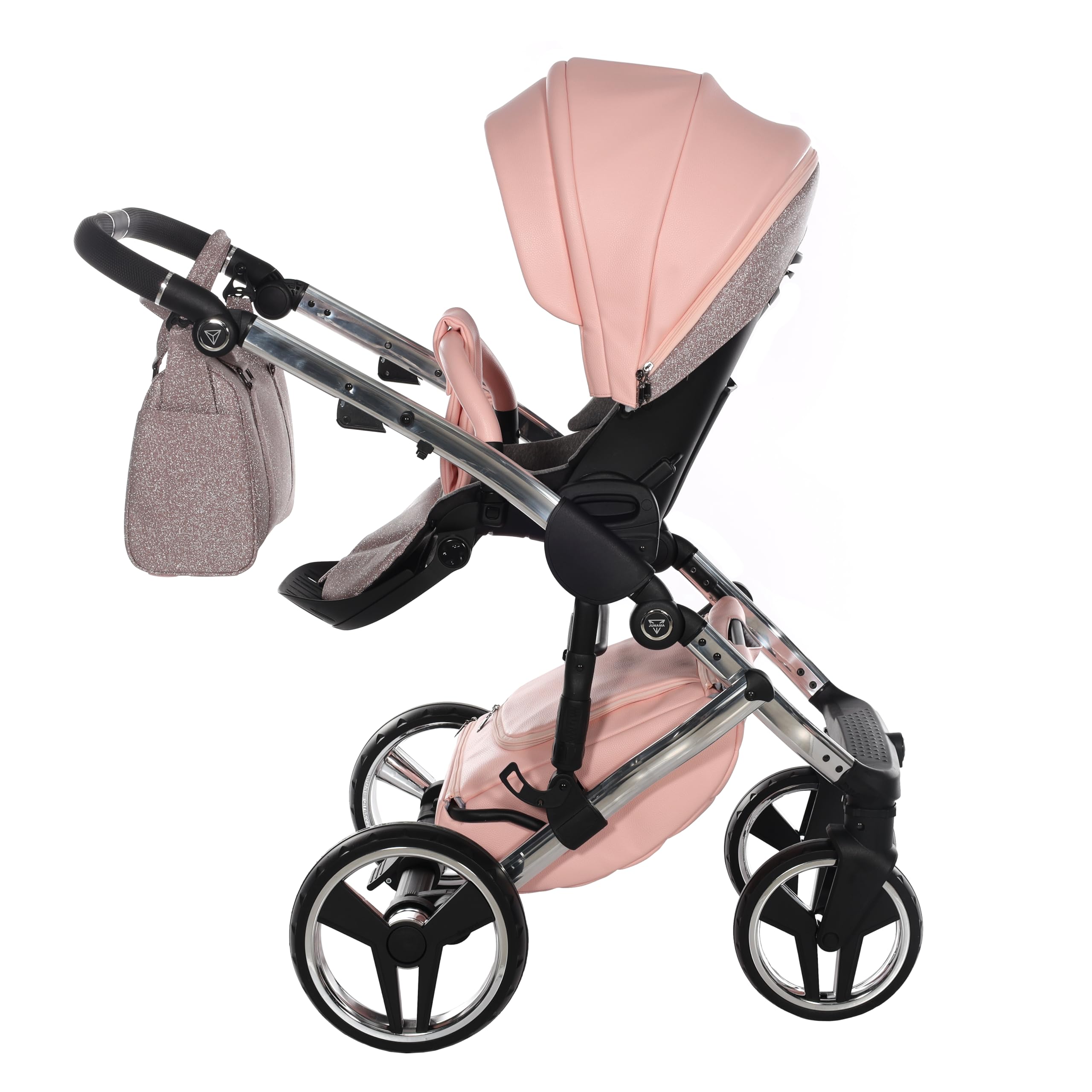 Junama Passeggino TRIO Hand Craft Glitter 01 Rosa e Argento - 2in1 3in1 4in1 + ombrellino (4 in 1 con Base ISOFIX)