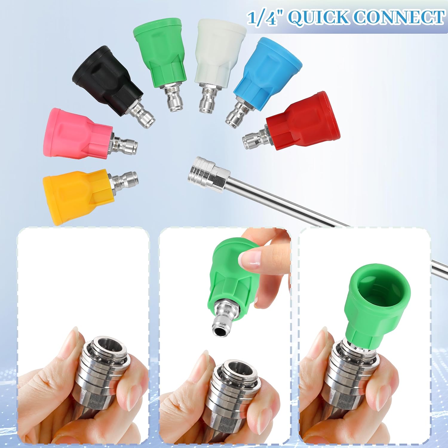 Quadruple Pressure Washer Tips, 4 in 1 Power Washer Nozzle, 7Pcs Pressure Washer Nozzle Guard, Power Washer Tips with Upgraded Rubber Protector