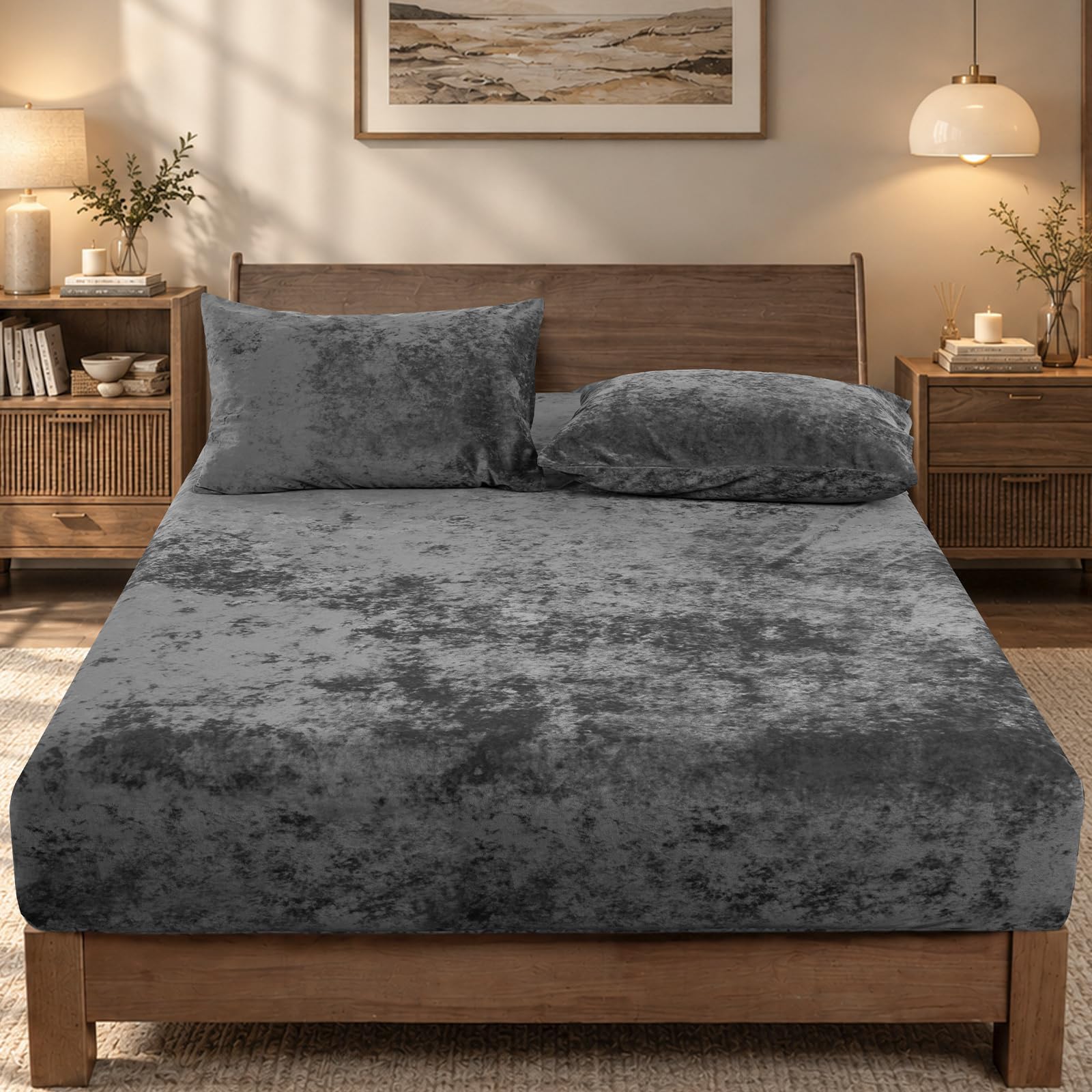 PHF Truly Velvet Fitted Sheet Only for Warm Deep Sleep, Queen Size, Grey