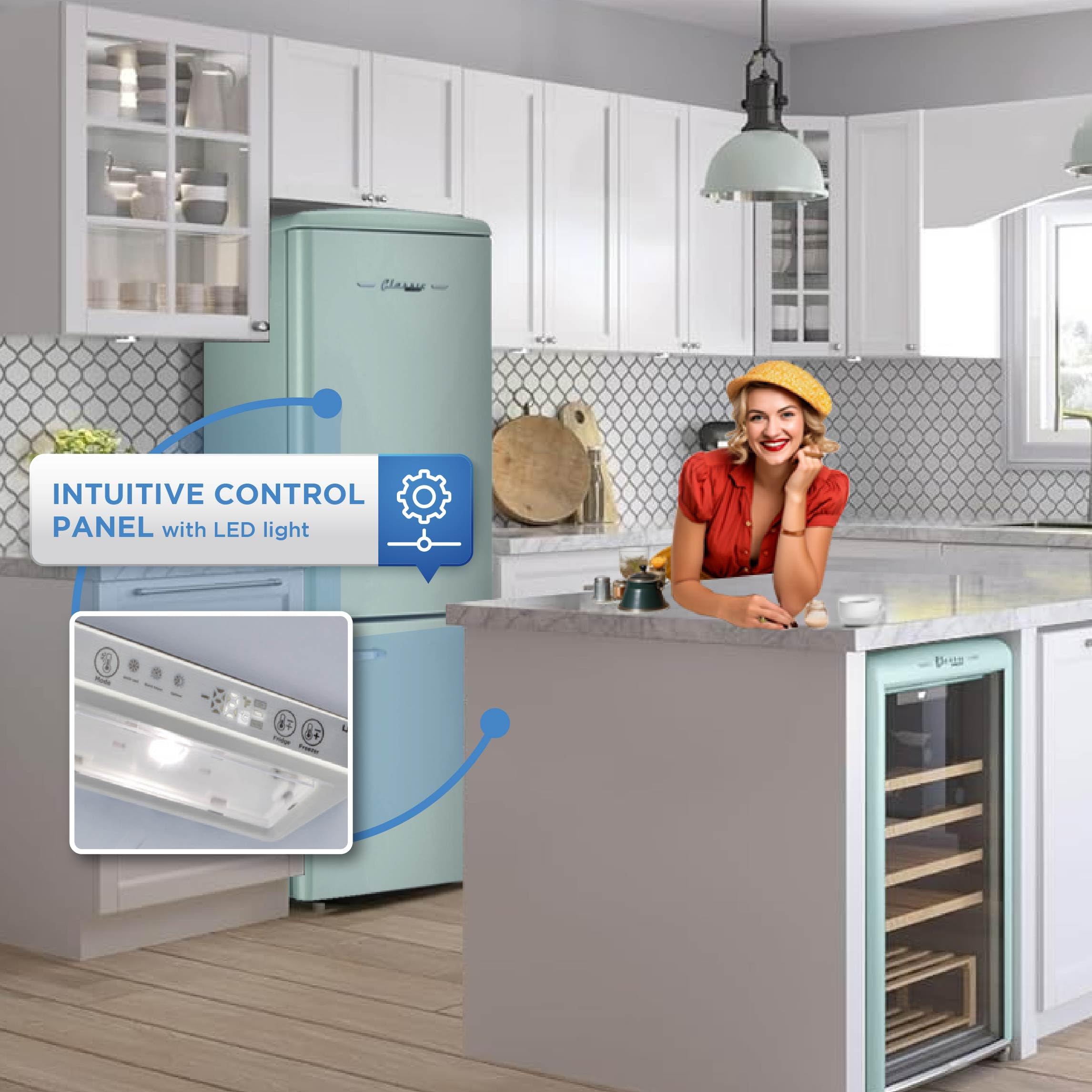 Unique Appliances Classic Retro Refrigerator, Electric Bottom-Mount Fridge With Intuitive Control Panel, 4 Glass Shelves, And 3 Freezer Drawers, Frost-Free, 12 Cu./Ft., Ocean Mist Turquoise on Fridge.com - View 4