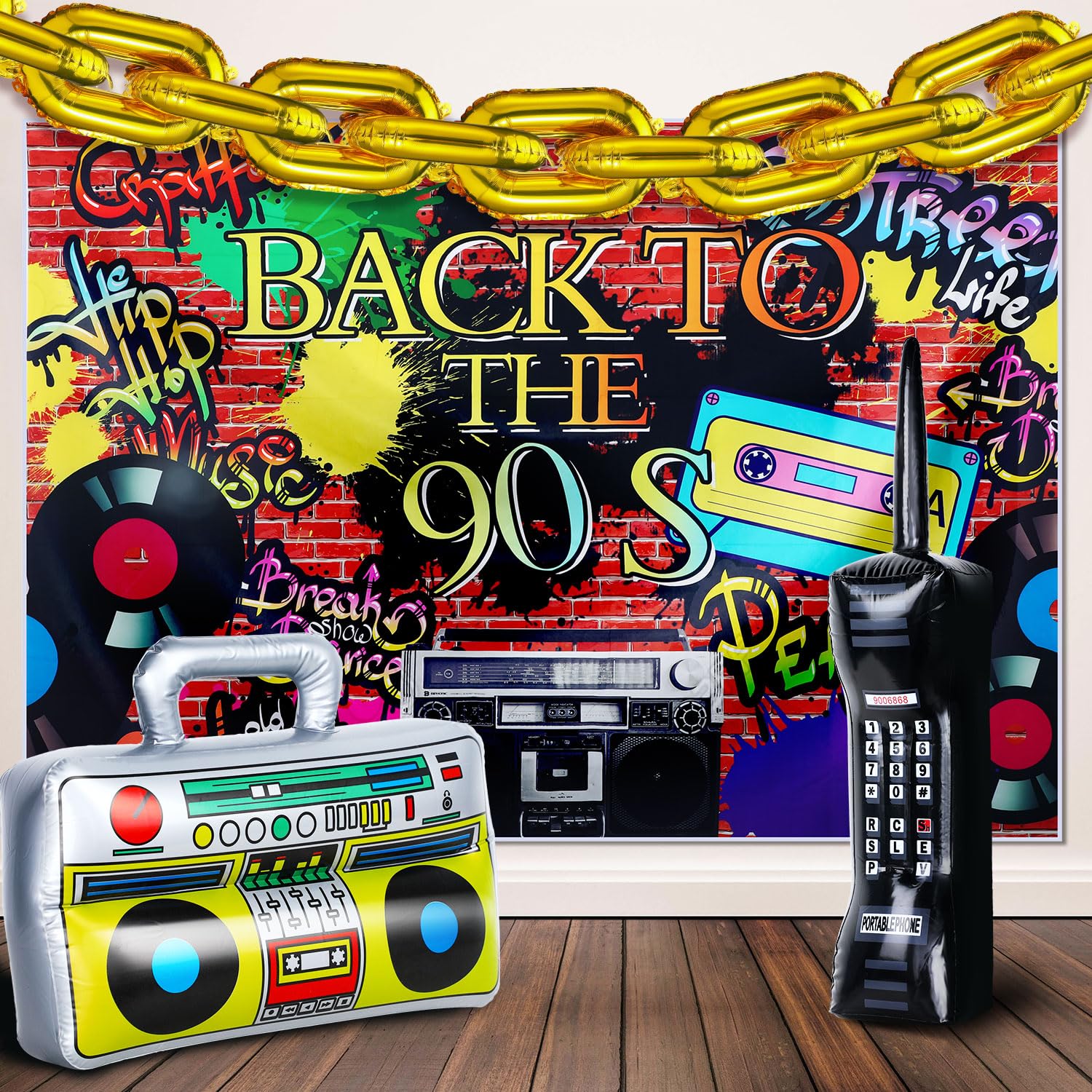 Threan 27pcs 90s Party Decorations Kit with 7x5 ft Backdrop