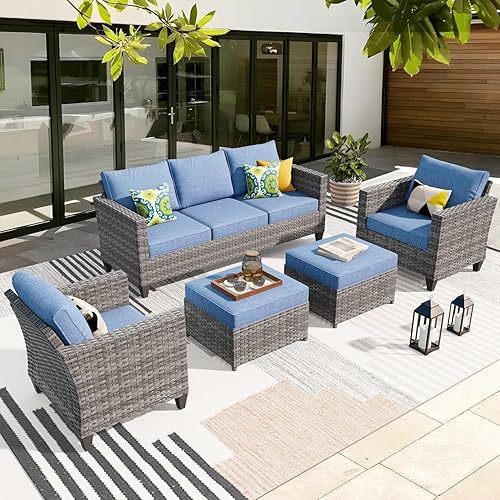 5 Pieces Patio Furniture Set Denim Blue Outdoor Wicker Sofa