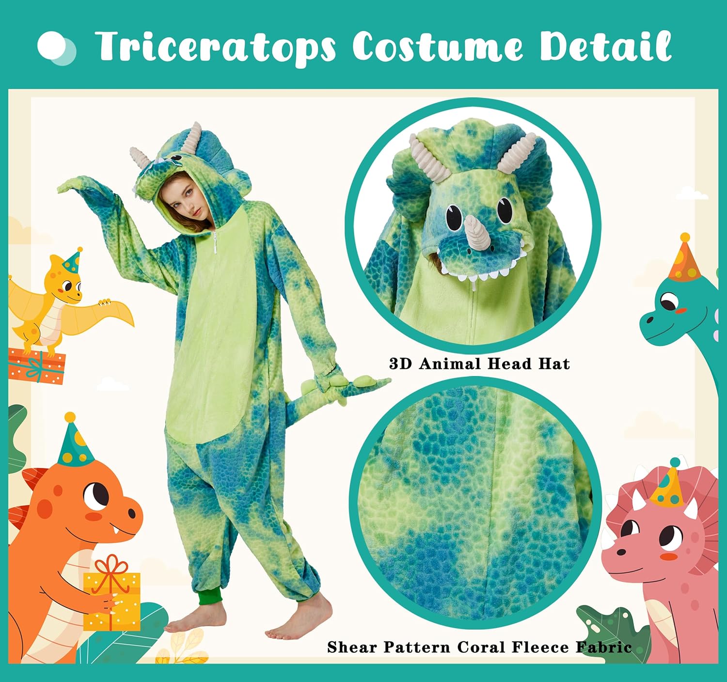Unisex Tie-dye Triceratops Dragon Onesie Costume Pajamas,Halloween Cosplay Costume Christmas Pajamas Hooded Zipper - Image 4