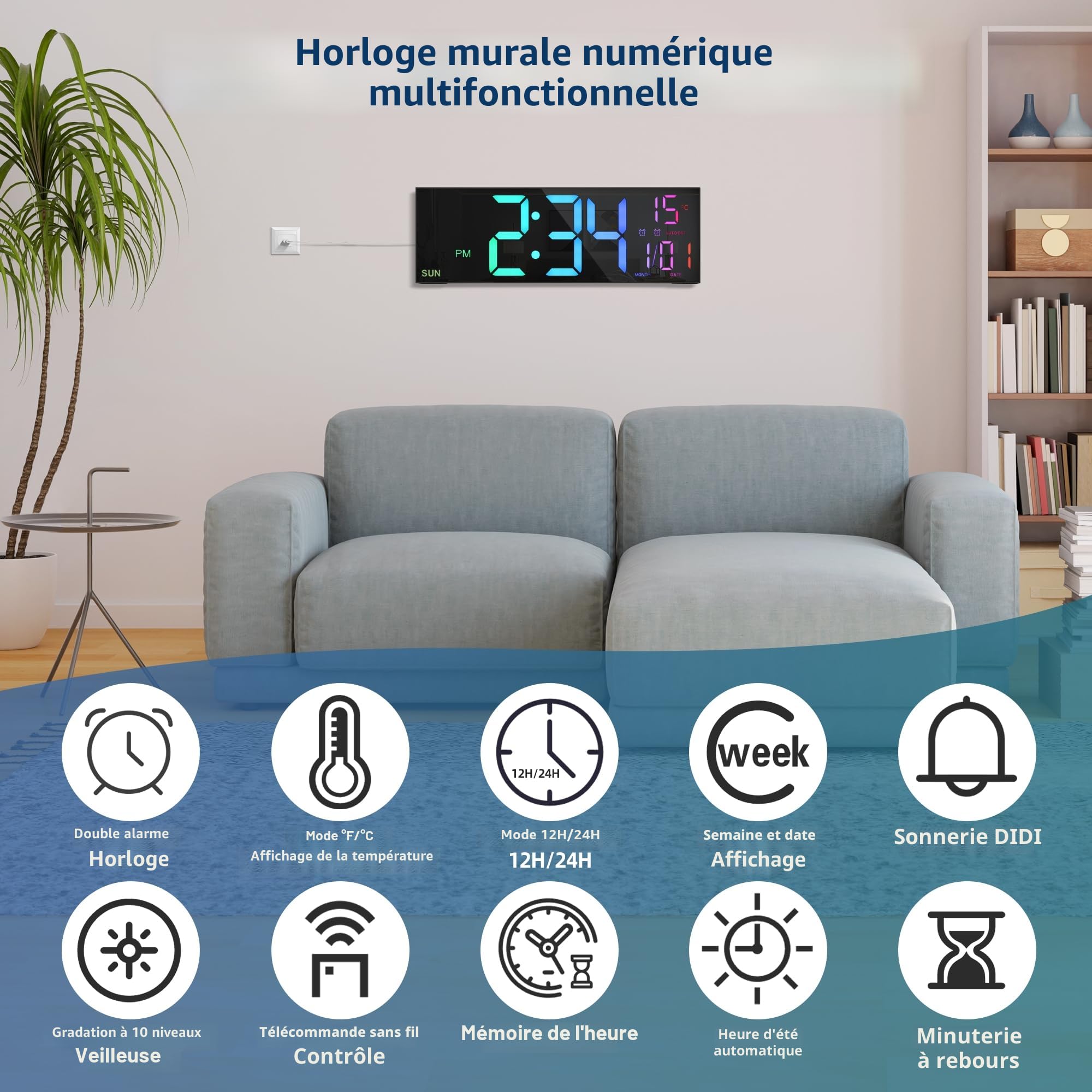 HAITANG Grande Horloge Murale Numérique 16" RVB LED Double Alarme Télécommande Température