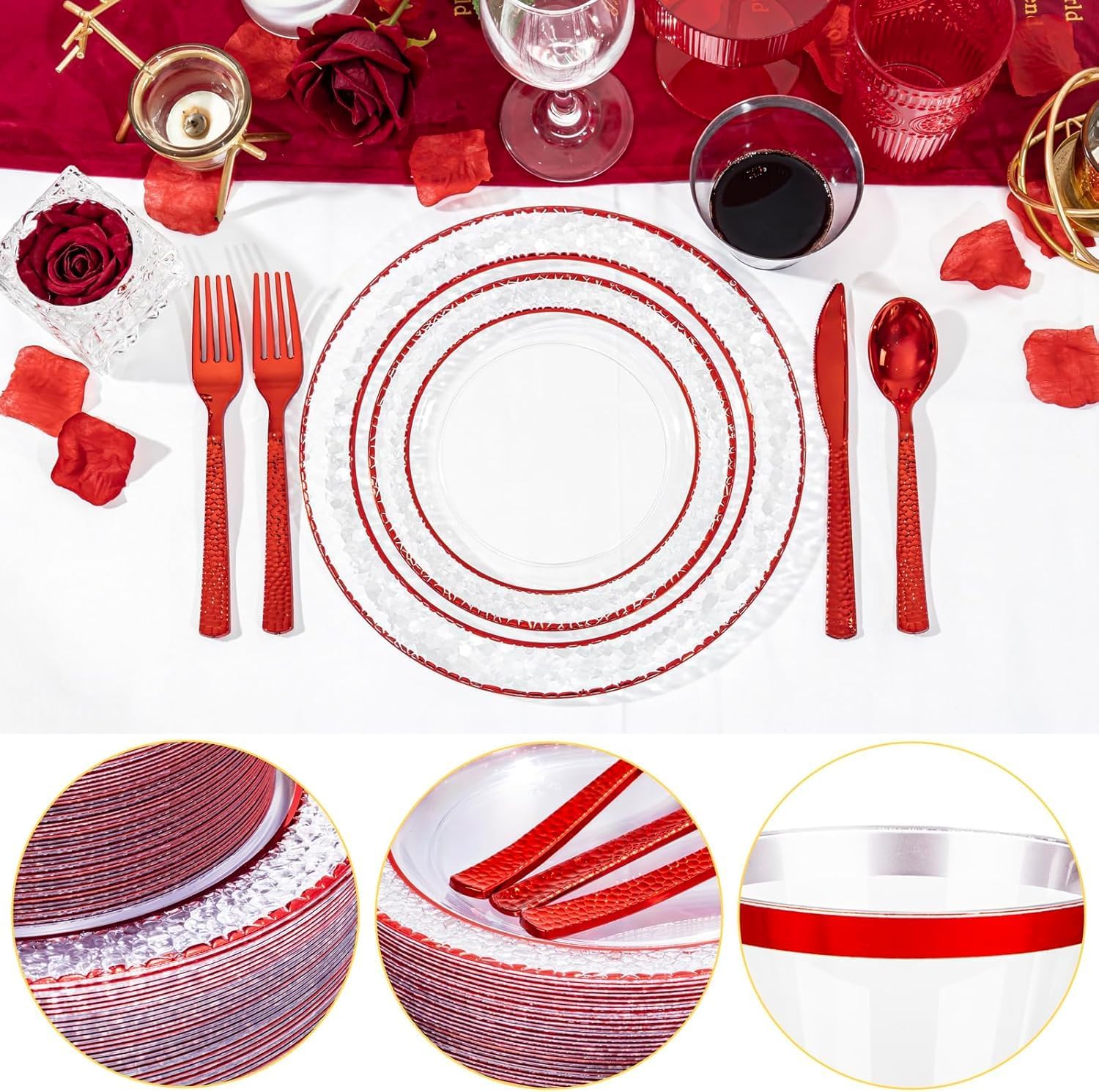 Ciaell 350 PCS Clear and Red Plastic Plates – Red Dinnerware Set for 50 Guests Include 100 Plastic Plates, 50 Pre Rolled Napkins with Cutlery Set, 50 Cups for Wedding & Party & Anniversary
