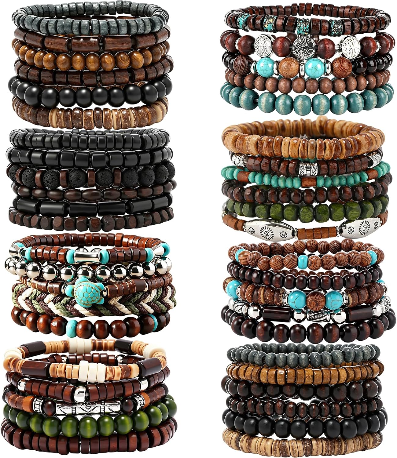 44/45 Pcs Wooden Bead Bracelets for Men Women Boho Stackable Ethnic Tribal Cuff for Daily outfits, Parties, Gifts