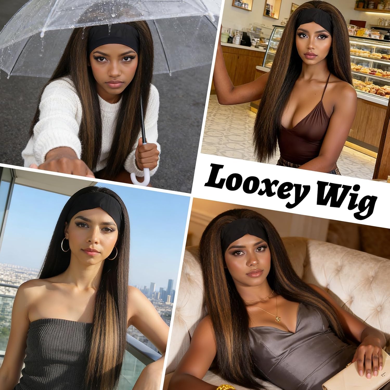 Kinky Straight Headband Wig, Yaki Straight Headband Wigs for Black Women, Synthetic Half Wigs with Black Headband, Glueless & No Lace Front, Soft Natural Look & Easy to Style