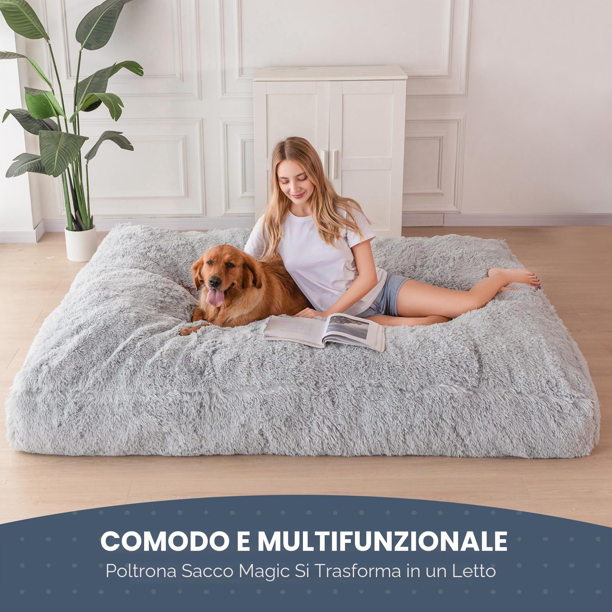 MAXYOYO Pouf gigante trasformabile da pouf a letto - grande divano con rivestimento in peluche e imbottitura soffice inclusa, per adulti e coppie (grigio, 150 x 200 cm)