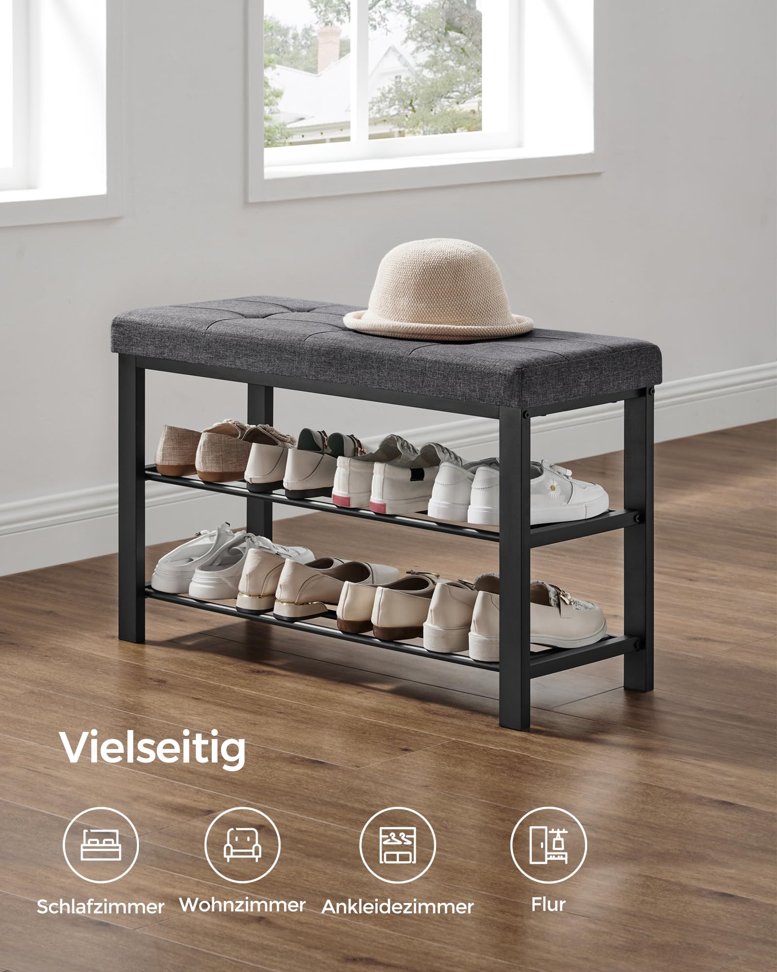 SONGMICS Schuhbank, Schuhregal mit 3 Ebenen, Schuhaufbewahrung, Sitz mit Schaumstoffpolsterung, Leinen, Metallrahmen, für Wohnzimmer Eingangsbereich, 31 x 81 x 49 cm, dunkelgrau-schwarz LBS057B01