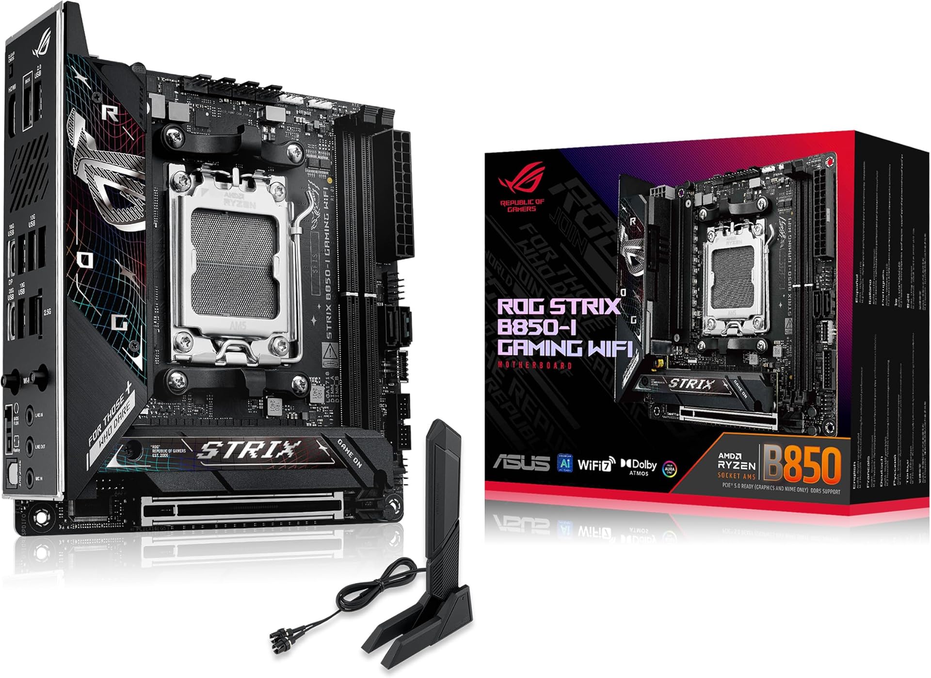 ASUS ROG Strix B850-I Gaming WiFi AMD Mini-ITX motherboard, 10+2+1 power stages, DDR5 slots, two M.2 slots, PCIe 5.0, WiFi 7, USB 20Gbps Type-C, and Aura Sync RGB