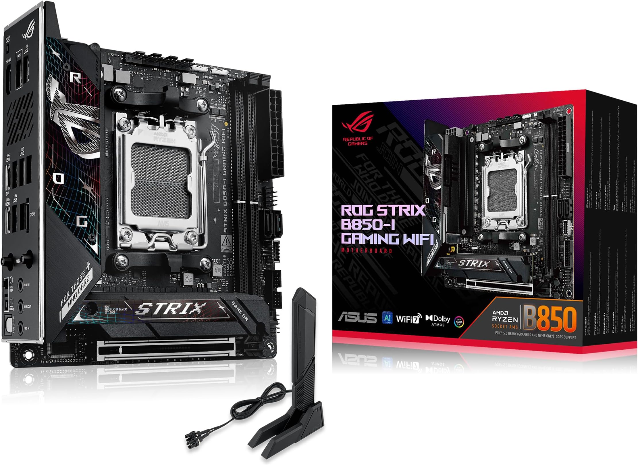 ROG Strix B850-I Gaming WiFi AMD AM5 B850 Mini-ITX mITX Motherboard 10+2+1 Stages, DDR5, 2.5G LAN, WiFi 7, 2X M.2, PCIe® 5.0 x16, USB 20Gbps Type-C®, AI Overclocking, AI Networking II, Aura Sync