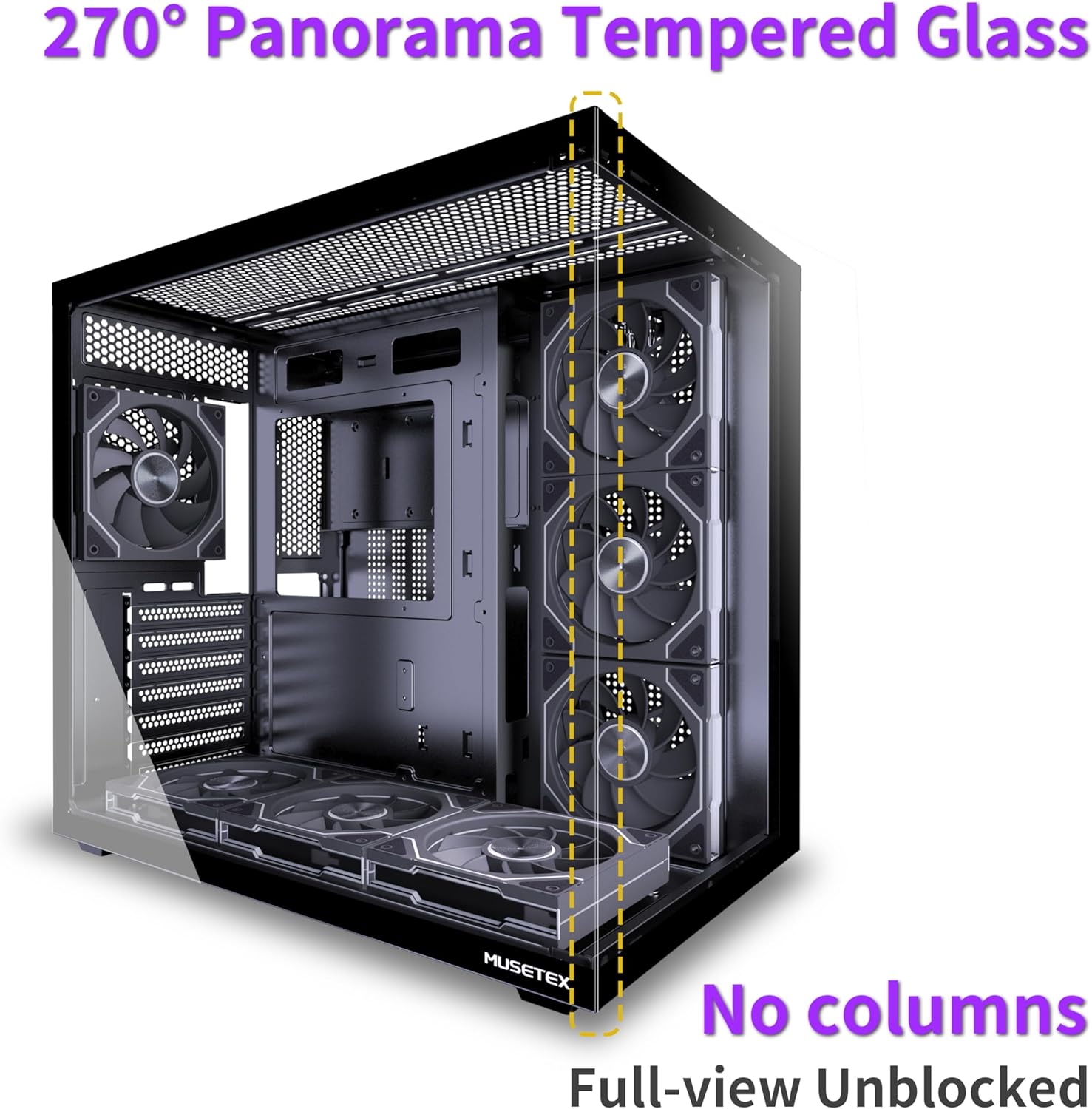 MUSETEX Y6 PC Case, Pre-Installed 7 Infinity Mirror PWM ARGB Fans, ATX Mid Tower Computer Case, Gaming PC Case with Type-C, 270° Full View Tempered Glass, Black