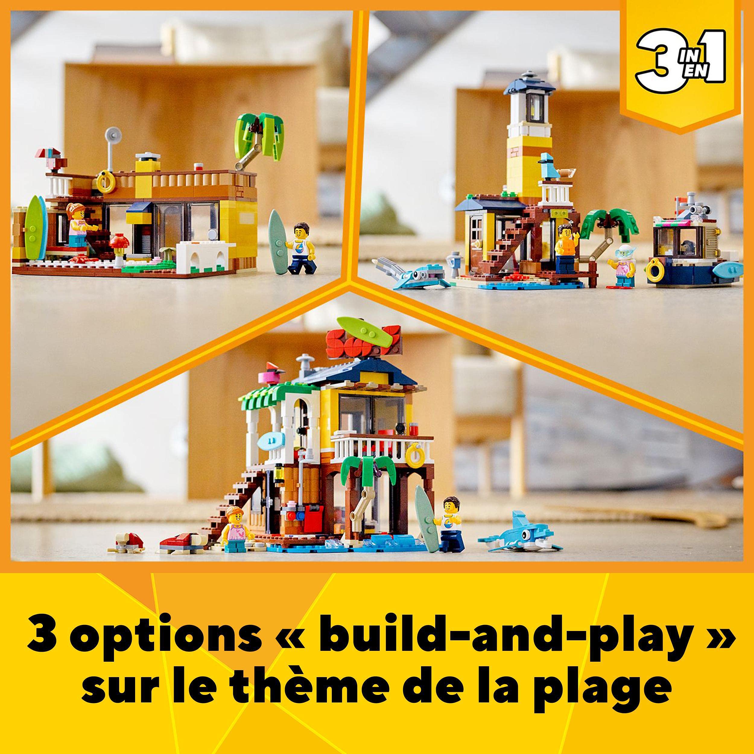 LEGO 31118 Creator 3-en-1 La Maison sur la Plage du Surfeur, Jeu de Construction, Figurines Animaux Marins, Piscine, Idée Cadeau Enfants 8 Ans et Plus