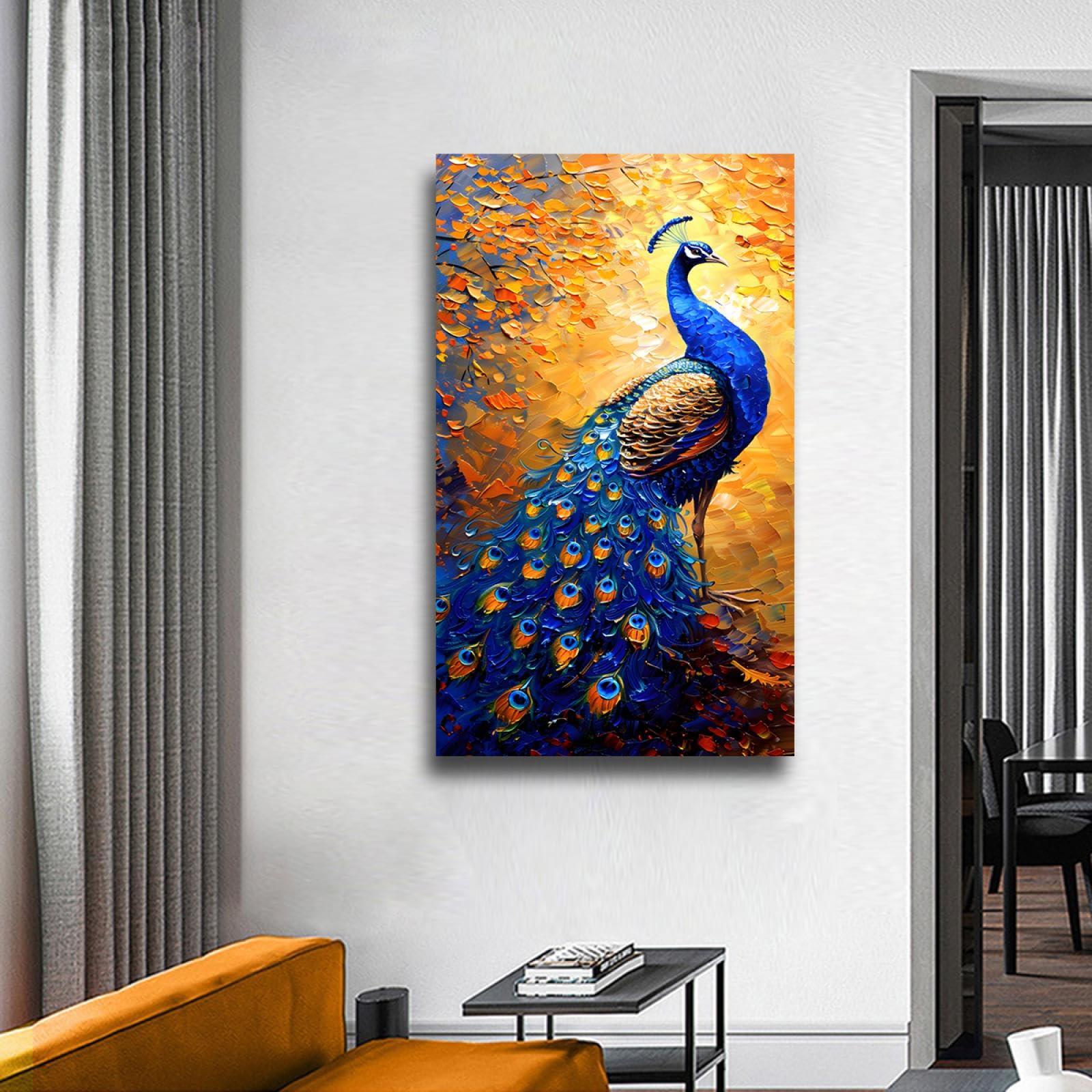 リビングルームの壁画垂直芸術の油絵玄関ホールのポーチ壁 掛け絵画（孔雀の絵） Amazon.co.jp: SHYAMIC 抽象的なカラフルな絵画, 美しい孔雀