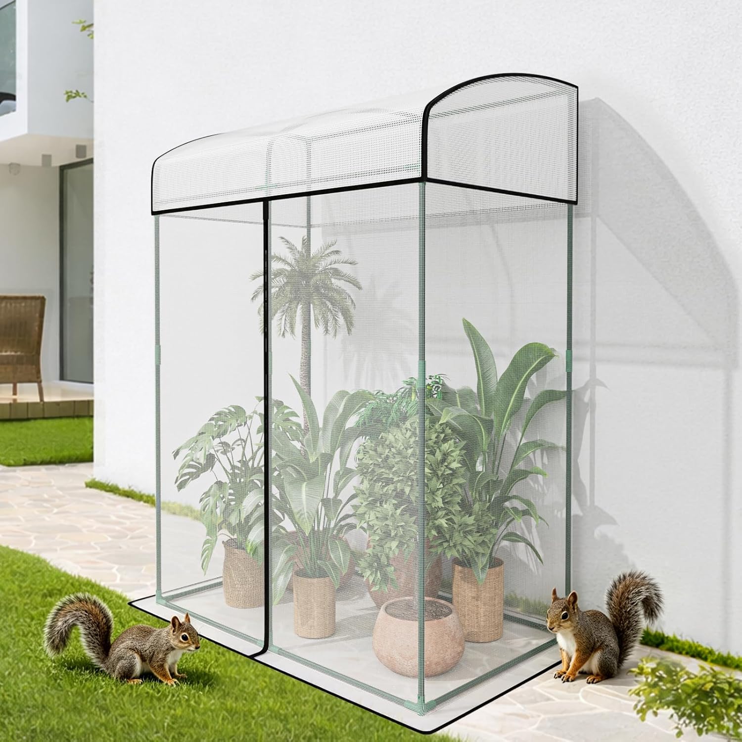 SPECILITE 50"x28"x67" Lean to Garden Plant Netting Mesh Cover, Crop Cage with Frame and Zippered Door, Plant Protectors from Animals, Plant Protection Tent for Vegetables, Fruits, White