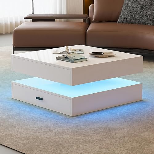 Miniatura 6 de Mesa de café LED para sala de estar - Mesa moderna de 2 niveles de alto brillo cuadrada con cajones de almacenamiento, luces ajustables de 24