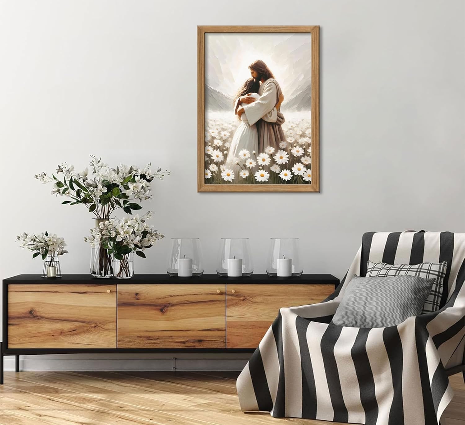 Jesus Hugging Girl Canvas Wall Art Jesus Embracing Woman Wall Decor Modern Christian Healing Embrace Mormon Prints Posters Christian Bible Painting for Bedroom Living Prayer Room 12x16 in Wood Framed - Image 4