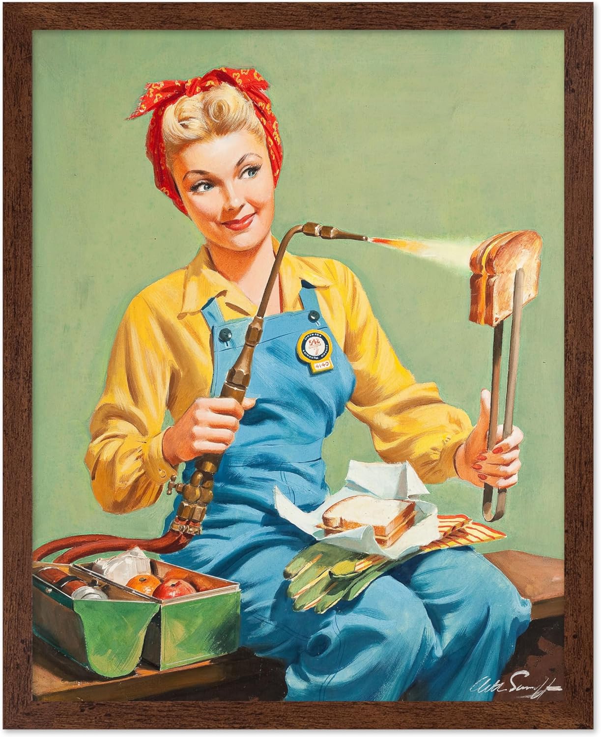 Poster Master Vintage Poster - Pin-Up Girl Rosie - Unique Wall Decor Gift for Home, Living Room, Kitchen, Bedroom, Bathroom - Great Kitchen Wall Art - Classic Retro Poster, 8x10 Brown Framed