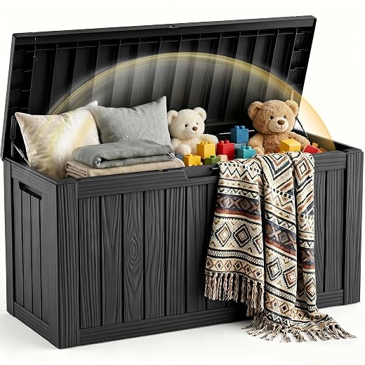 EFU Outdoor Storage Box 120 Gallon Deck Box (Indoor & Outdoor) Lockable UV Resistance Waterproof Resin Storage Bin Storage Box for Outdoor,Patio Storage With Support Rod(Black)
