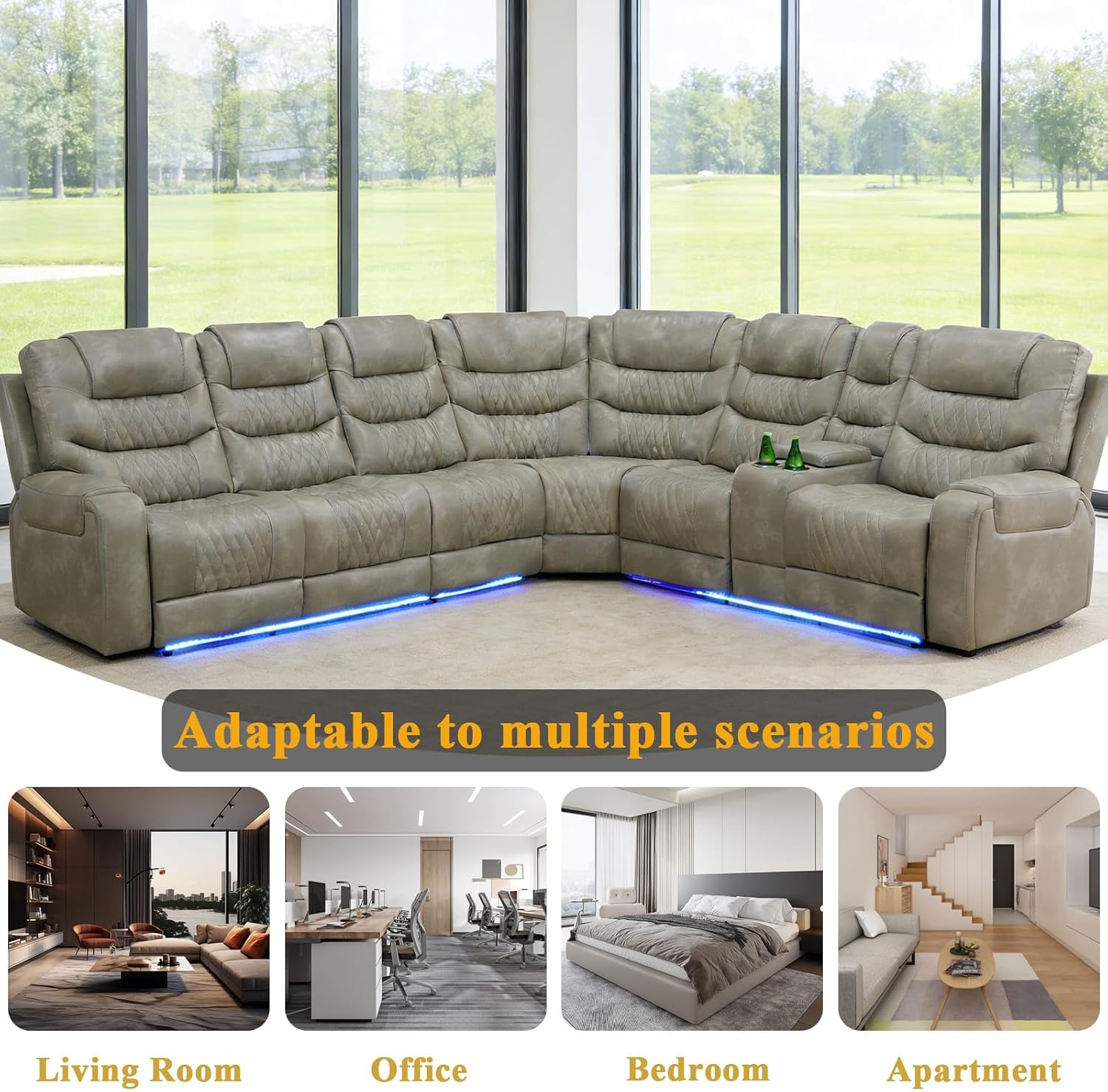 Power Recliner Sectional Sofa Set, Leather Electric Reclining Couch with LED Light & Cup Holders, Living Room Sectional Recliner Sofa with Loveseat, Power Reclining Seats(Grey) | U-shaped layout, multiple users, family gatherings, movie watching, electric reclining