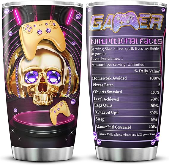 KOIXA Gamer Nutritional Facts Tumbler Insulated 20oz Funny Saying Coffee Cups With Skull Print Stainless Steel Mug Gifts For Video Game Lovers Gaming Gifts For Teenage Boys