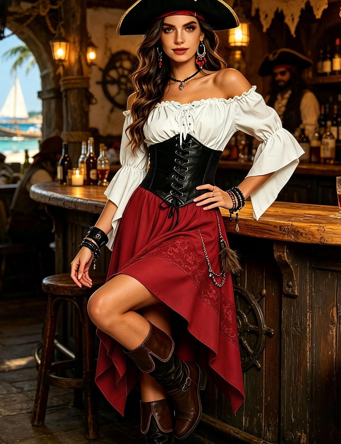 Pirate Costume Women Renaissance Medieval Outfit Skirt Top Pirate Accessories Halloween Cosplay Party Outfit