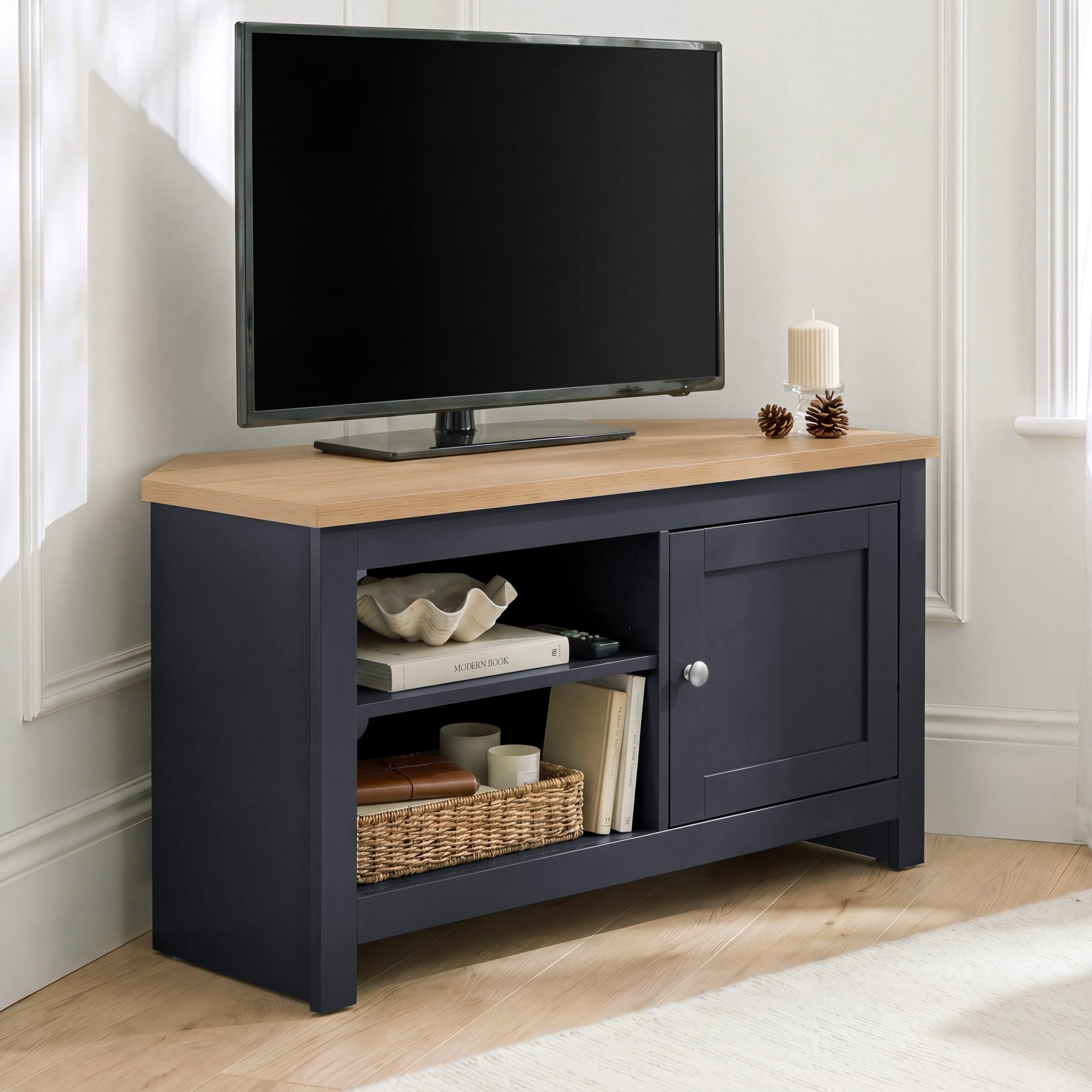 Blisswood Corner TV Stand Cabinet for TVs up to 40 Inches, TV Units for Living Room with Storage, Adjustable Shelves & Soft Close Door, Wooden TV Table Entertainment Unit Bedroom, Oak Effect Top, Blue