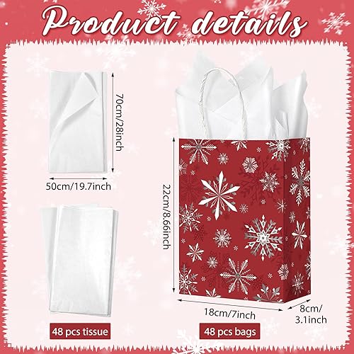 Miniatura 10 de Zachely 24 bolsas de regalo de copos de nieve de Navidad, bolsas de regalo de color rojo invierno a granel con 24 papel de seda, bolsas de papel