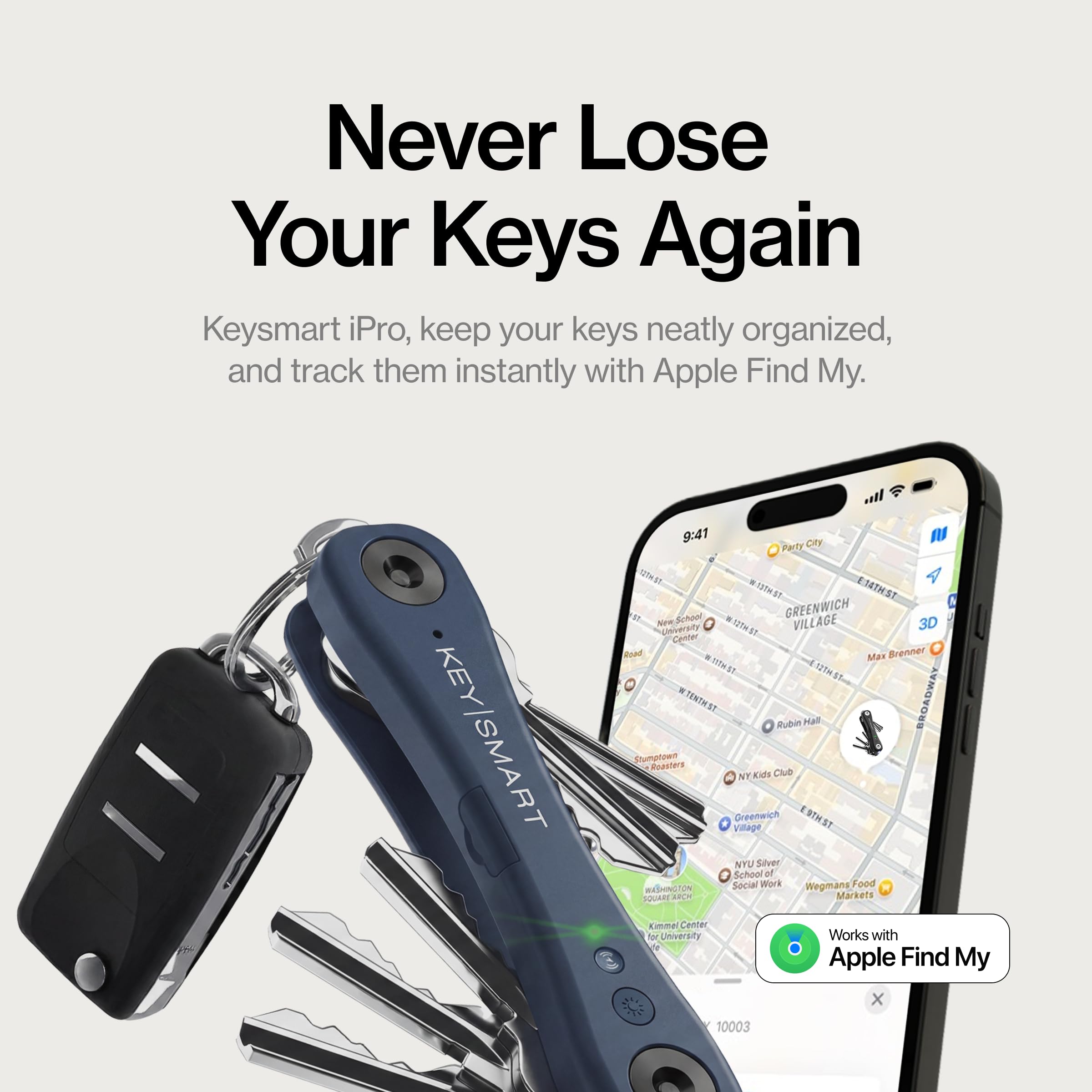 KeySmart iPro - Localizador de llaves con sonido, llavero compatible con Apple Find My App, organizador de llaves, rastreador compacto sin desorden, regalos tecnológicos para hombres (hasta 14 llaves