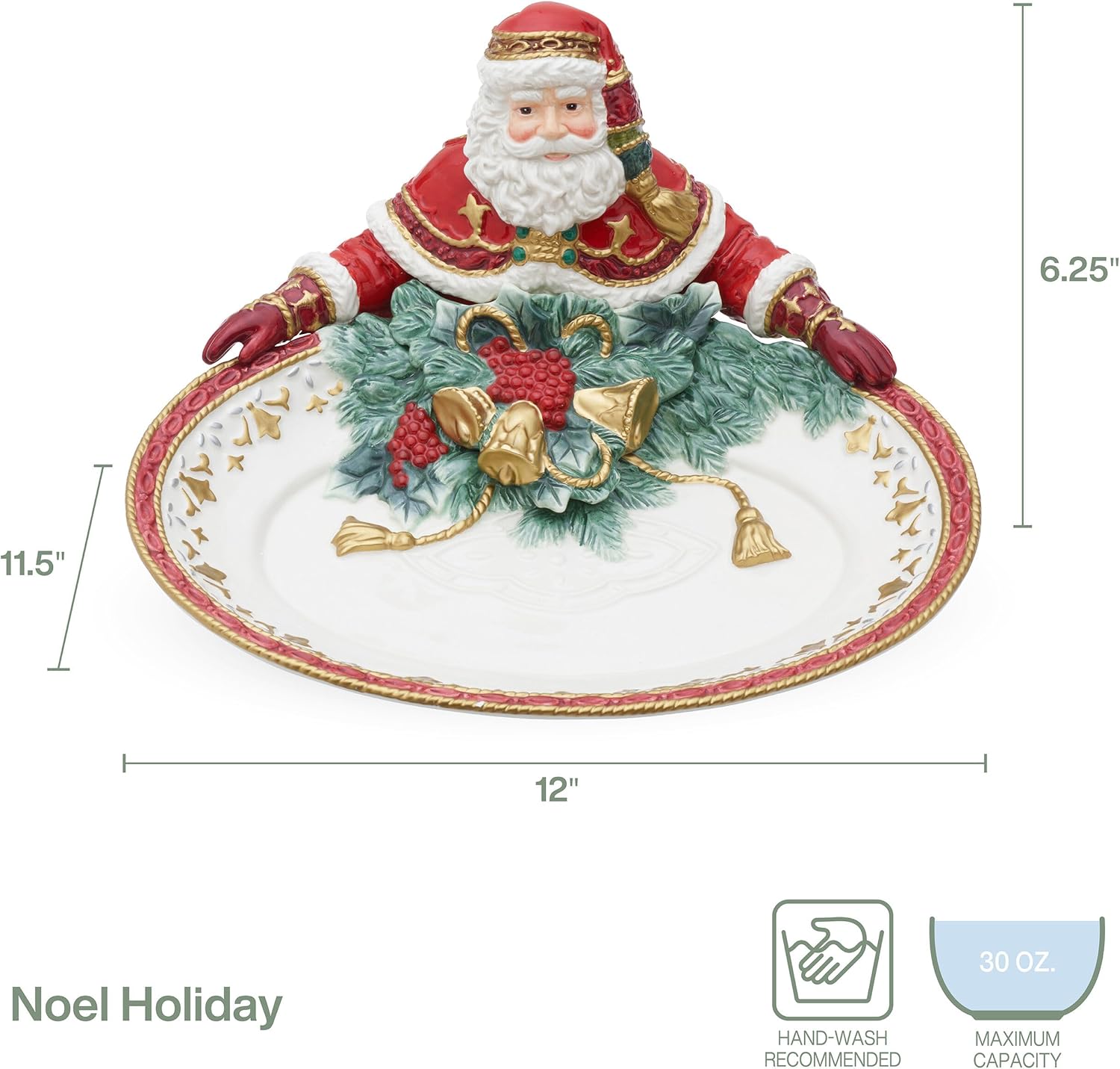 Fitz and Floyd Noel Holiday Santa Figural Serving Bowl Platter, 12 Inch