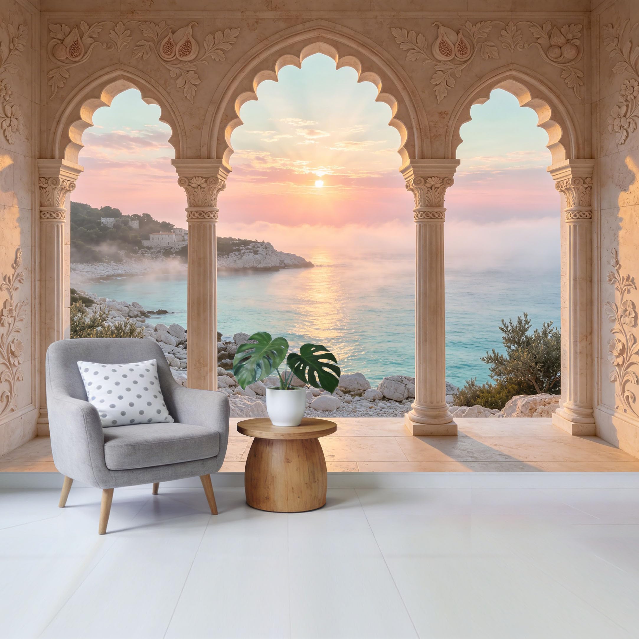 Removable Self Adhesive Fabric Mural， Mediterranean Coastal Sunset Arch Window Custom Size Wall Covering， UV Protected Waterproof Washable Wall Decor for Living Room Bedroom Bathroom