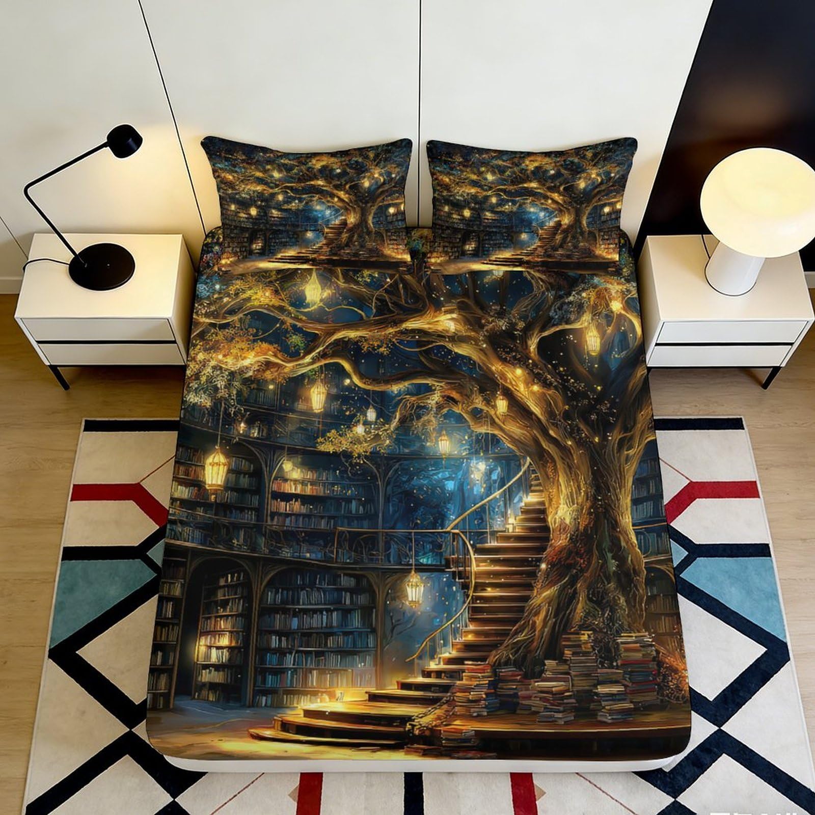 3D Printed Fantasy Treehouse Fitted Sheet Microfiber Deep Pocket Non-Slip Fantasy Treehouse Mattress Fitted Cover for All Bedroom 200x200x25cm 90x200x25cm