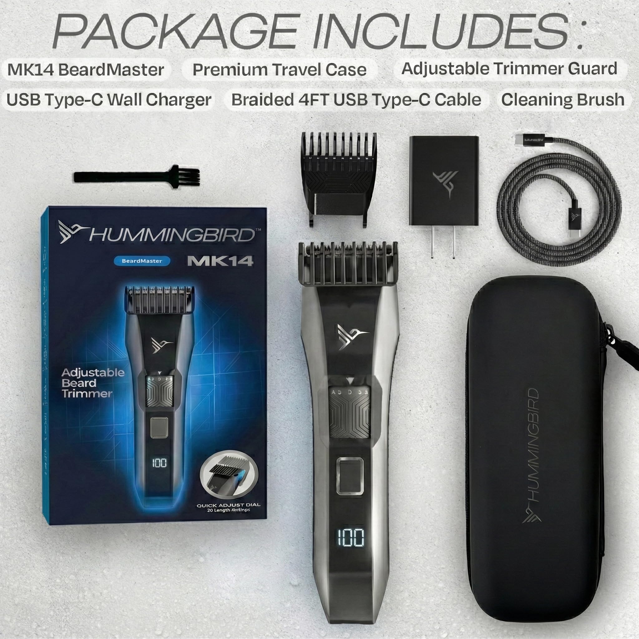 HUMMINGBIRD MK14 BeardMaster Premium Barttrimmer für Männer, Präzisionszifferblatt, 20 Längeneinstellungen, T-Klinge aus Edelstahl, wiederaufladbar mit USB-C Wireless