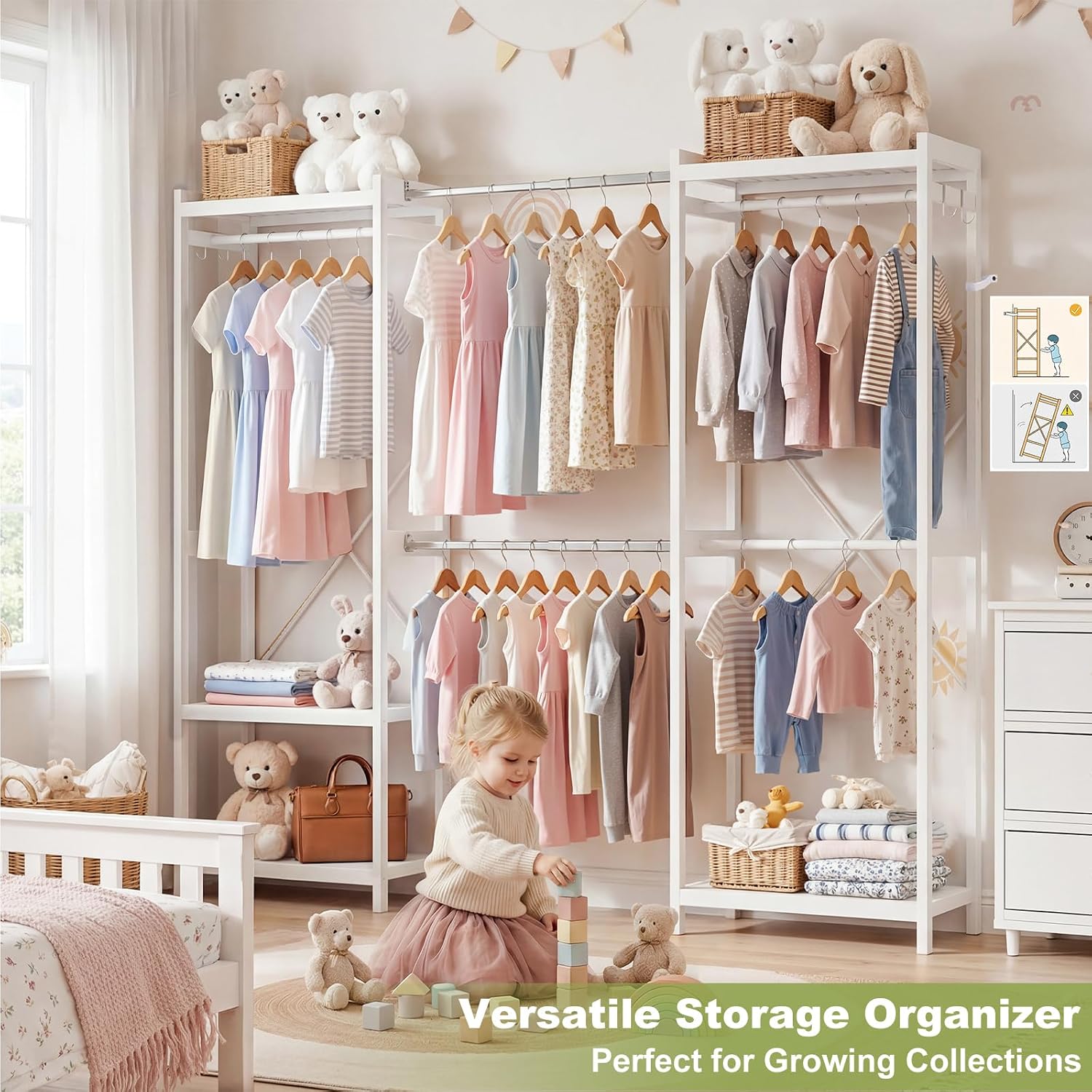 Homykic Bamboo Closet System, 71"-91" Expandable Clothing Rack with 5 Hanger Rods & Shelves, 6.6ft Tall Garment Rack Organizer for Walk-in Closet Bedroom, Max Load 850LBS, Easy to Assemble, White