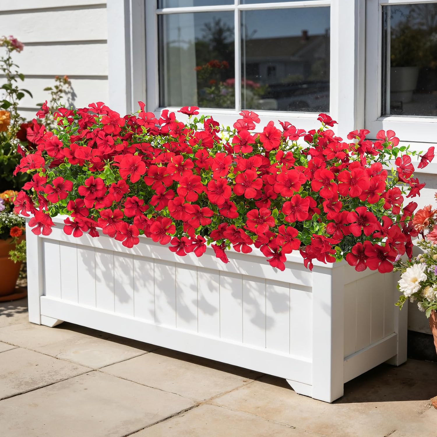 Ouddy Decor 18'' Artificial Geraniums Flowers for Outdoors, 22 Bundles Mixed Fake Silk Flowers Plastic Plants UV Resistant for Summer Garden Porch Patio Planter Kitchen Table Home Decor, Red image 5