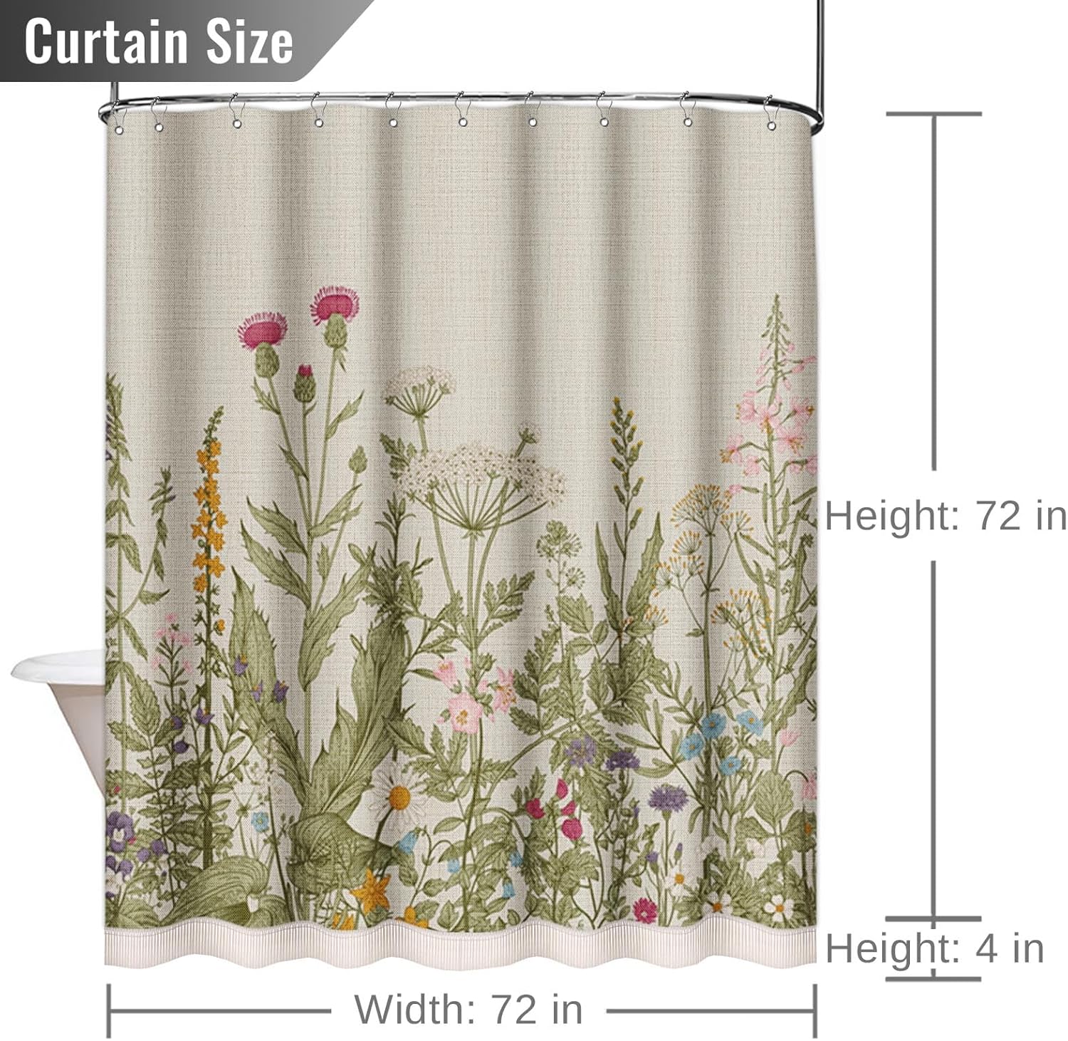 Emvency Boho Farmhouse Floral Herbs Flower Tassel Shower Curtain Set, Botanical Colorful Vintage Linen Fabric Cloth Shower Curtains for Bathroom Decor 72 x 72 Inches with Upgraded Metal Hooks
