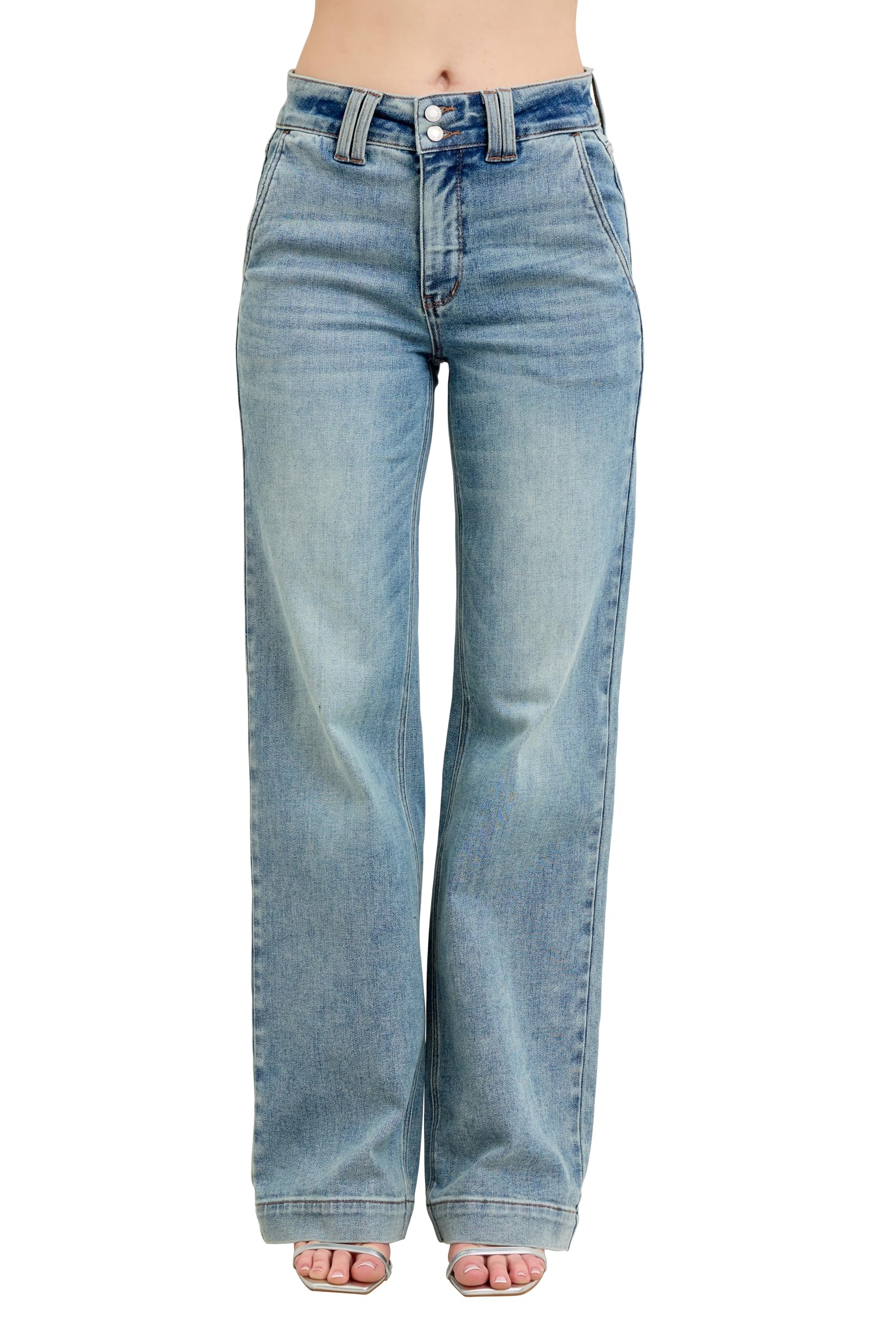 Womens Jeans - High Waisted Double Button Waistband Wide Leg