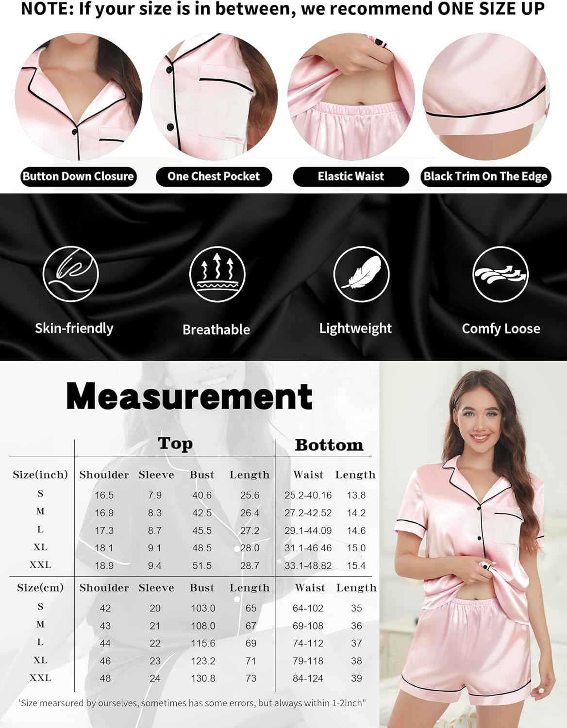 Silk Pajamas for Women Satin Womens Pajama Sets Short Sleeve Lounge Set 2-Piece Sleepwear Notch Collar Button-Down PJ Set (Pink, L) - Image 5