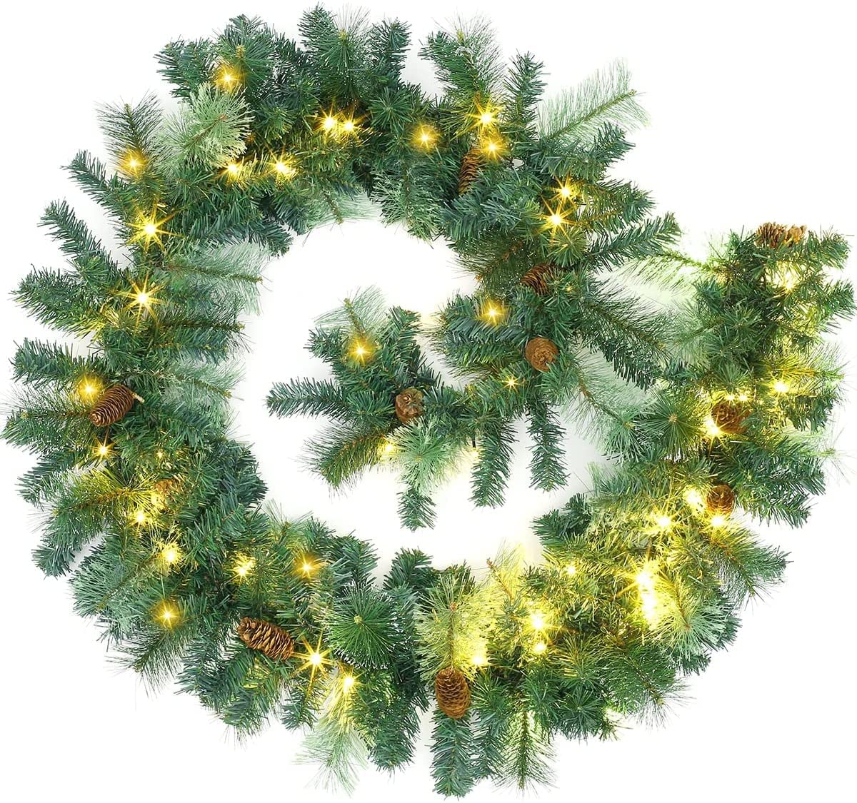 OLOTU Realistico Ghirlanda Natalizia in Rattan Misto con Aghi di Pino Decorazioni Natalizie in Rattan con luci Ghirlanda Natalizia per Feste di Natale a casa Fatto a Mano