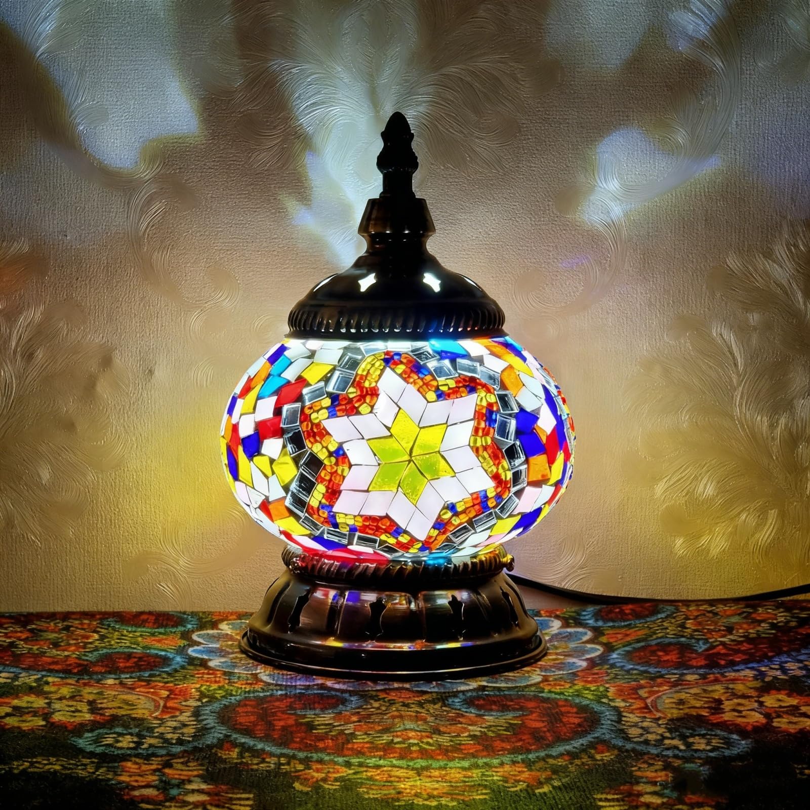 Maimeili Turkish Exotic Mosaic Table Lamp with Handmade Moroccan-Style Decorative Glass Retro Lamp Shade with USB Decorative Desk Lights Bedside Lights for Bedroom