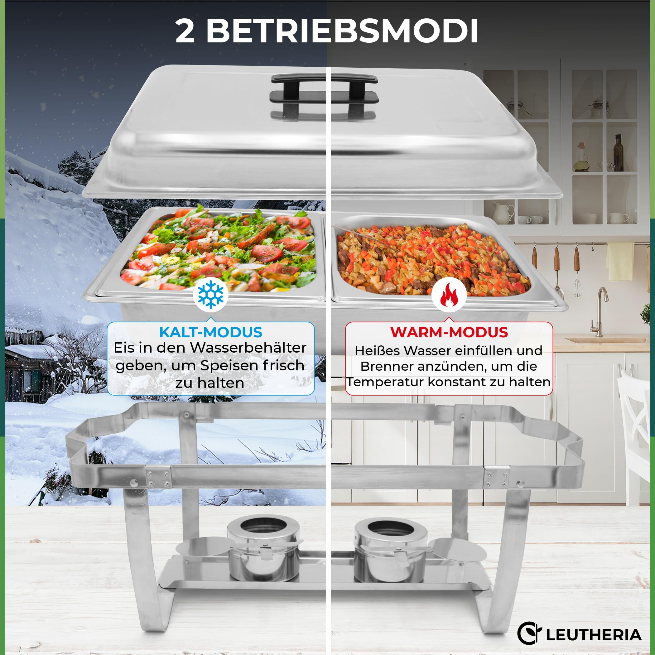 Set mit 4 Speisenwärmern LEUTHERIA - Chafing Dish aus lebensmittelechtem Edelstahl für Buffet/Professionelles Wasserbad/Warmhaltebehälter/Catering/Hotel/Restaurant - Edelstahl SS201