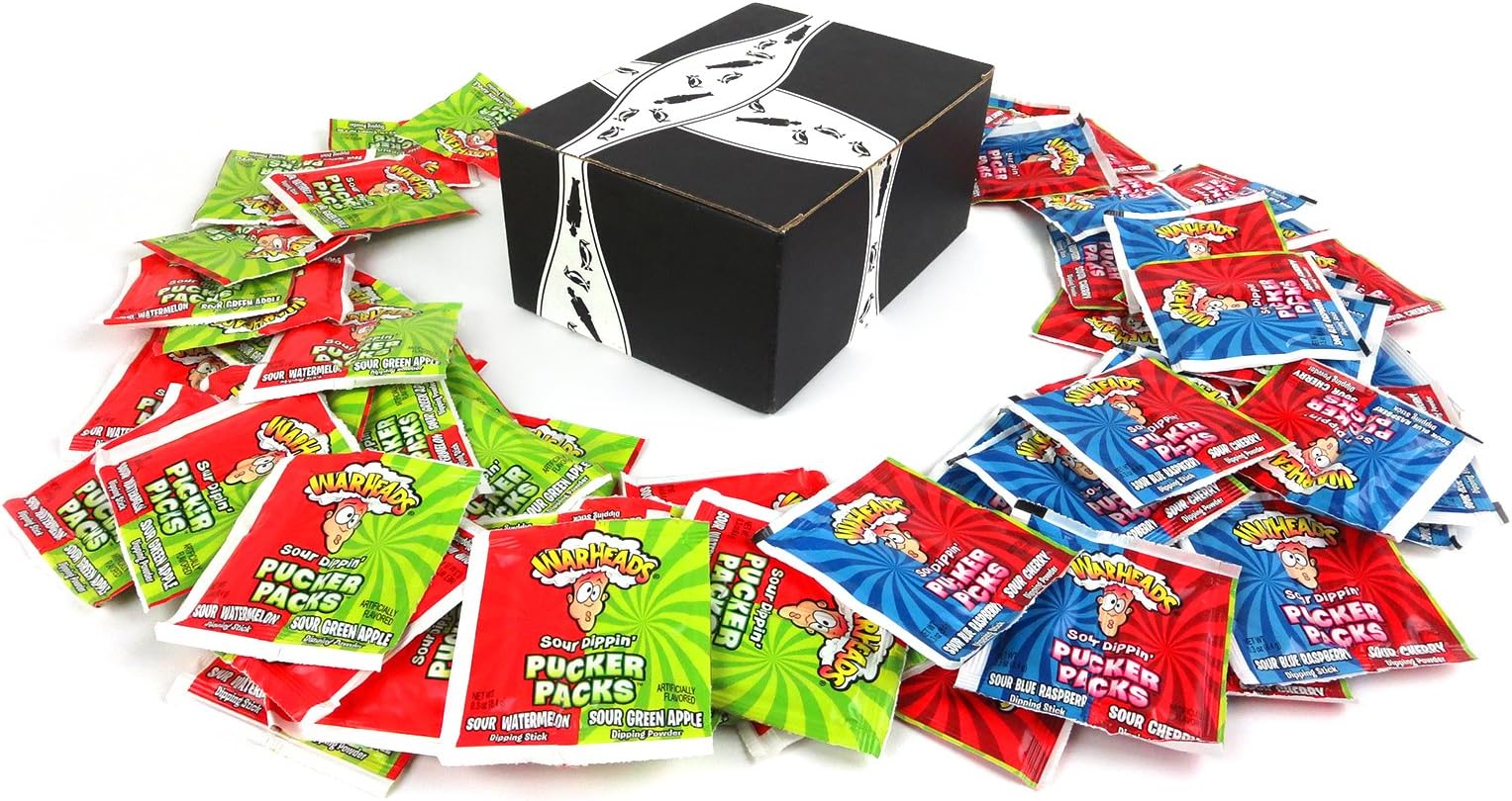 Warheads Sour Dippin' Pucker Packs, 0.3 oz Packets in a BlackTie Box (Pack of 60)
