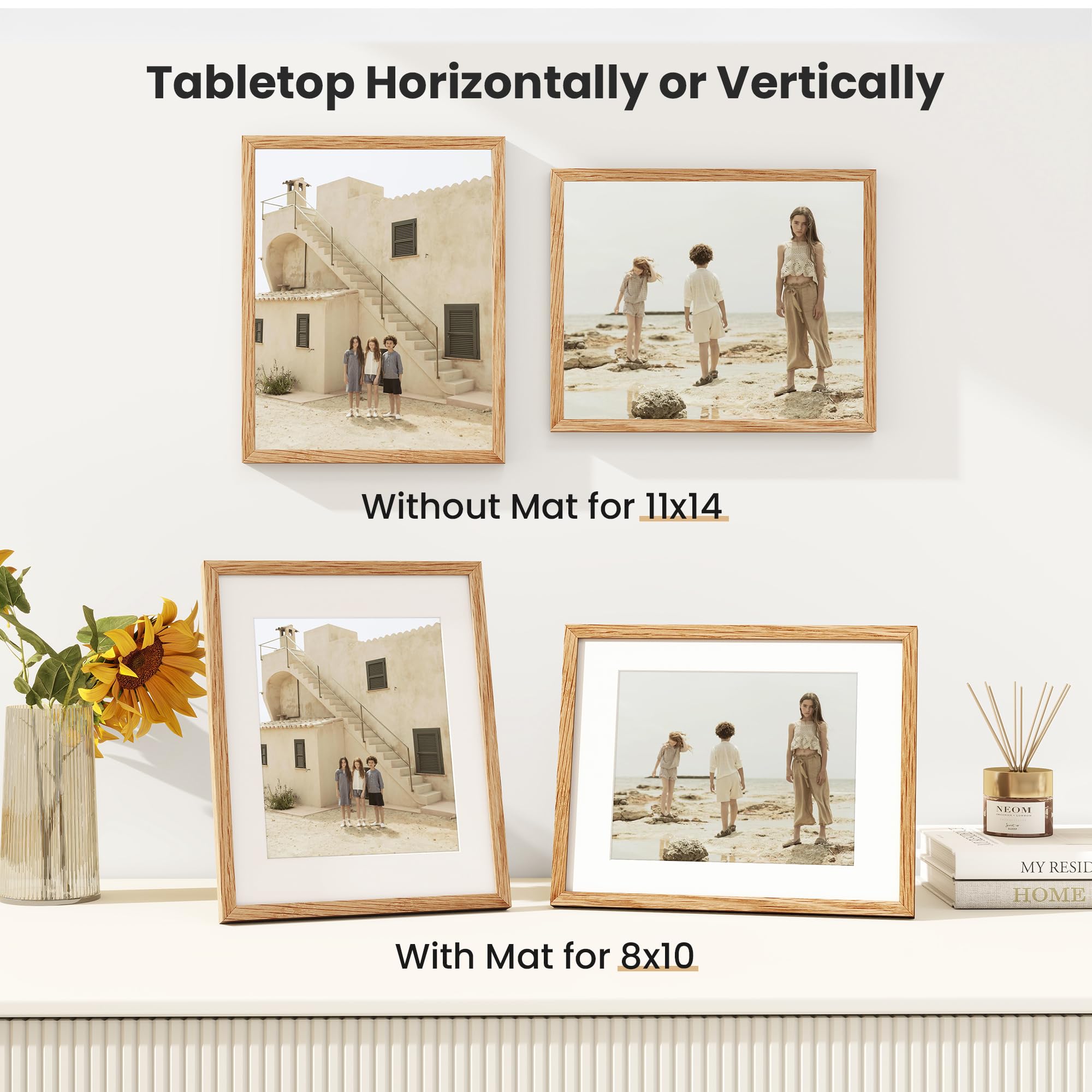14x11 inch Picture Photo Frame 3 Pack, 14x11 Oak Frame Matted for 8x10 Photo Frame with Real Tempered Glass - Image 4