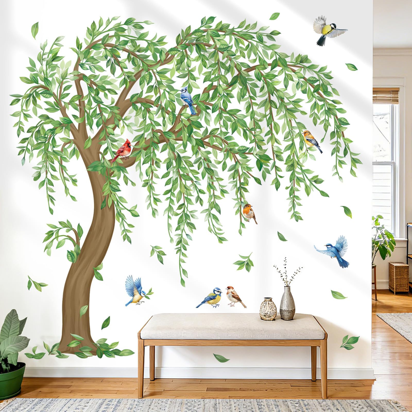 decalmile Pegatinas de Pared Arbol Verde Grande Vinilos Decorativos Hojas Plantas Verde Pájaros Adhesivos Pared Habitación Niña Dormitorio Salón