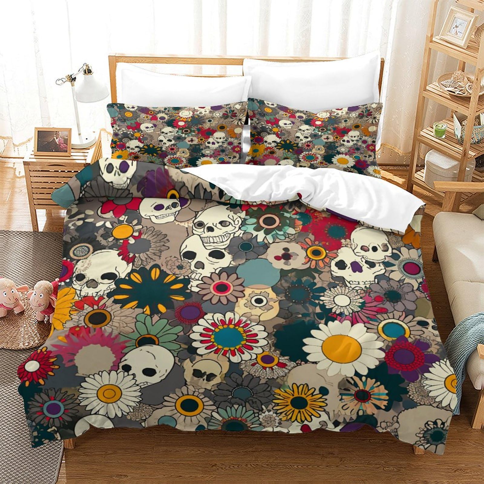 P1S9U7W5Y Vintage Floral Skull 3D Printed 3 Piece Microfiber Duvet Cover Set for Adults Bedroom Decor Colorful Flowers Skeleton Bedding Set All Ages Skin-Friendly Double（200x200cm）