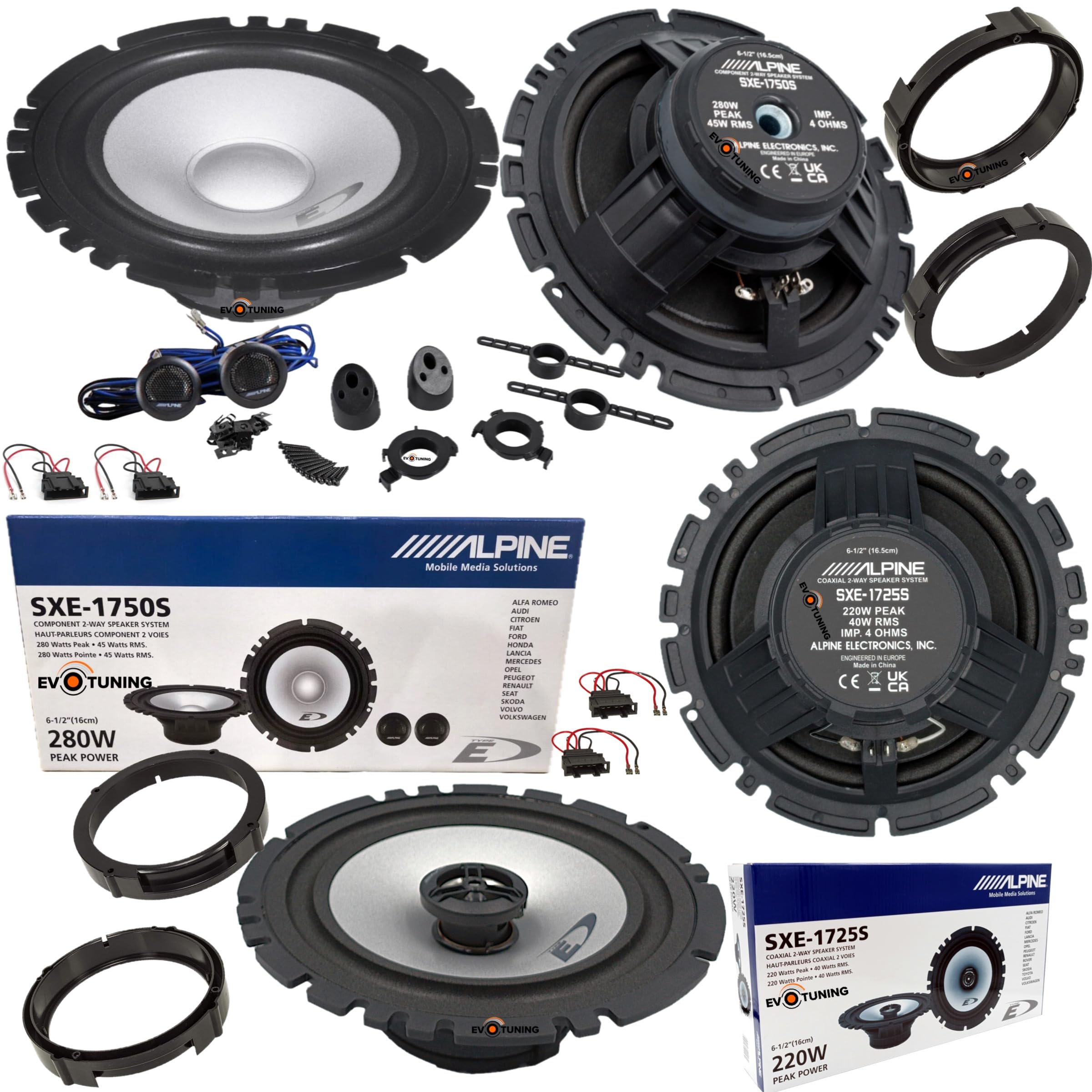 Kit 6 Casse Altoparlanti per VW Polo 9N 6R 6C dal 2001 al 2024 Anteriori e Posteriori compatibile con Alpine Sxe1750S Sxe1725S Set 2 Woofer 2 Tweeter 2 Coassiali 4 Anelli Adattatori 4 Cavi
