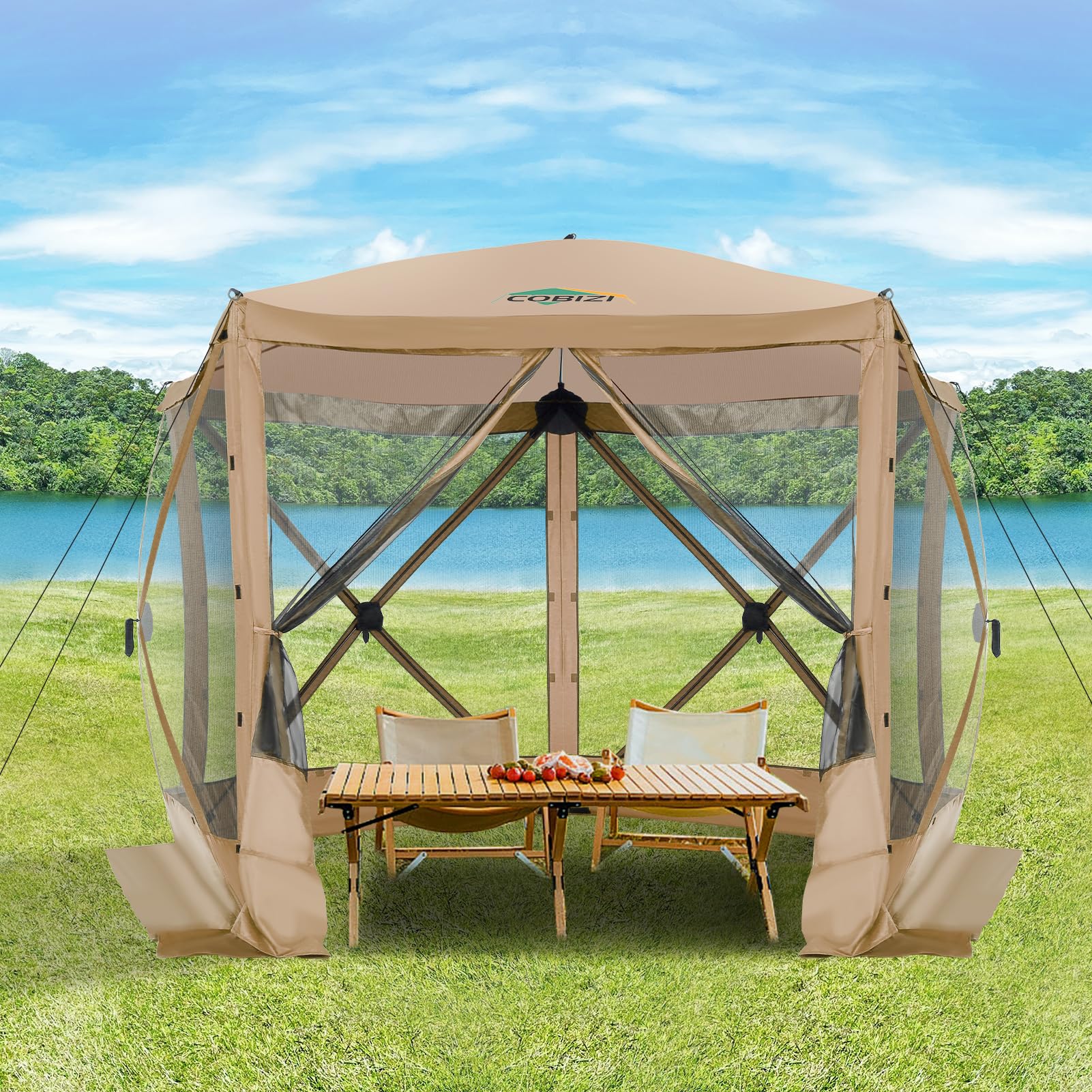 COBIZI 10x10 FT Pop up Gazebo, Popup Canopy Tent,Instant Screened in Gazebos, Waterproof Portable Outdoor Small Screen Tents Sun Shelter,carpas para Patio for Camping, Garden and Backyard,Khaki